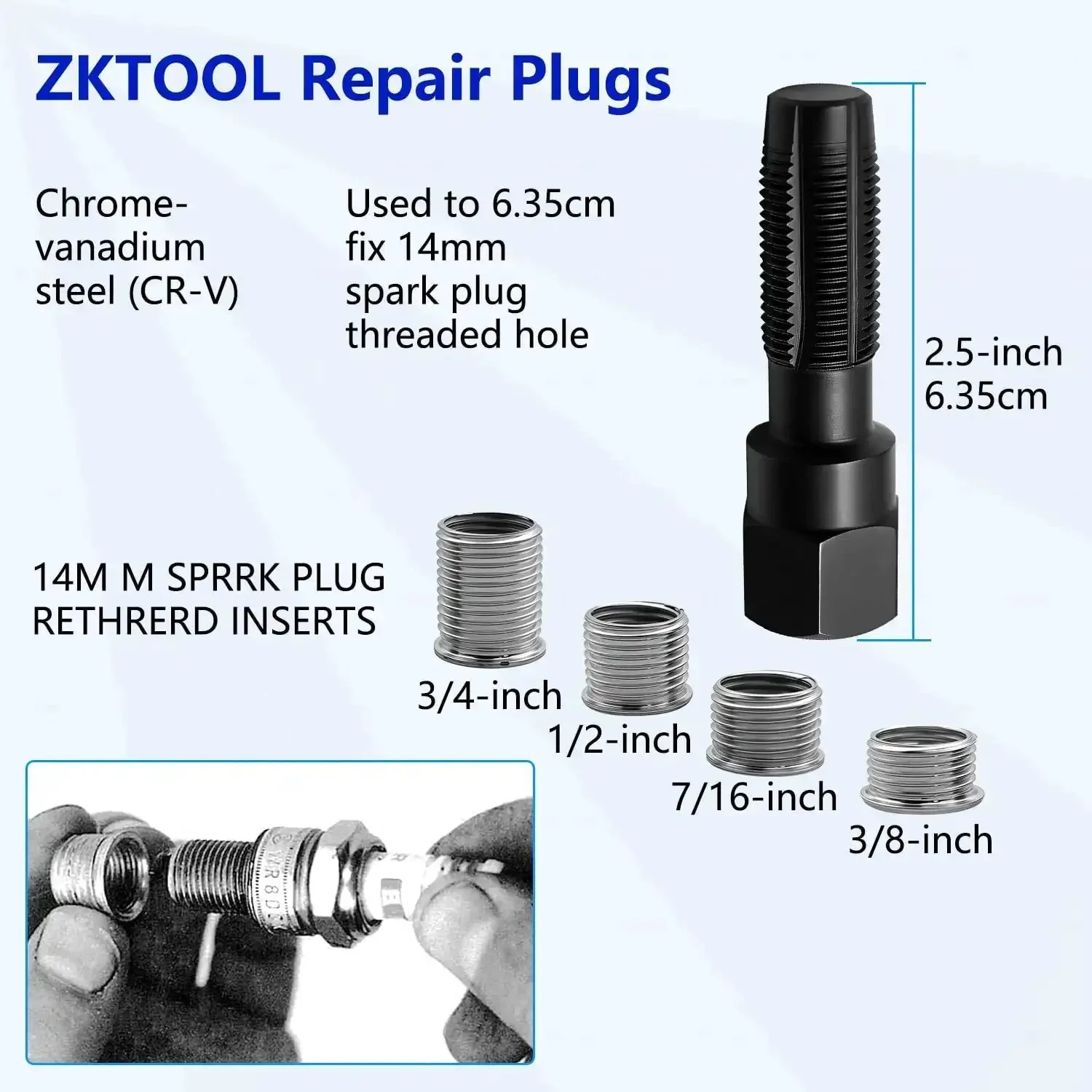 14mm Spark Plug Thread Repair Kit For Cylinder Heads M14 X 1.25 Rethread Tool With Reamer And 4 Thread Inserts Chrome Vanadium Steel DIY Friendly Easy Fix For Worn Threads - Image 7