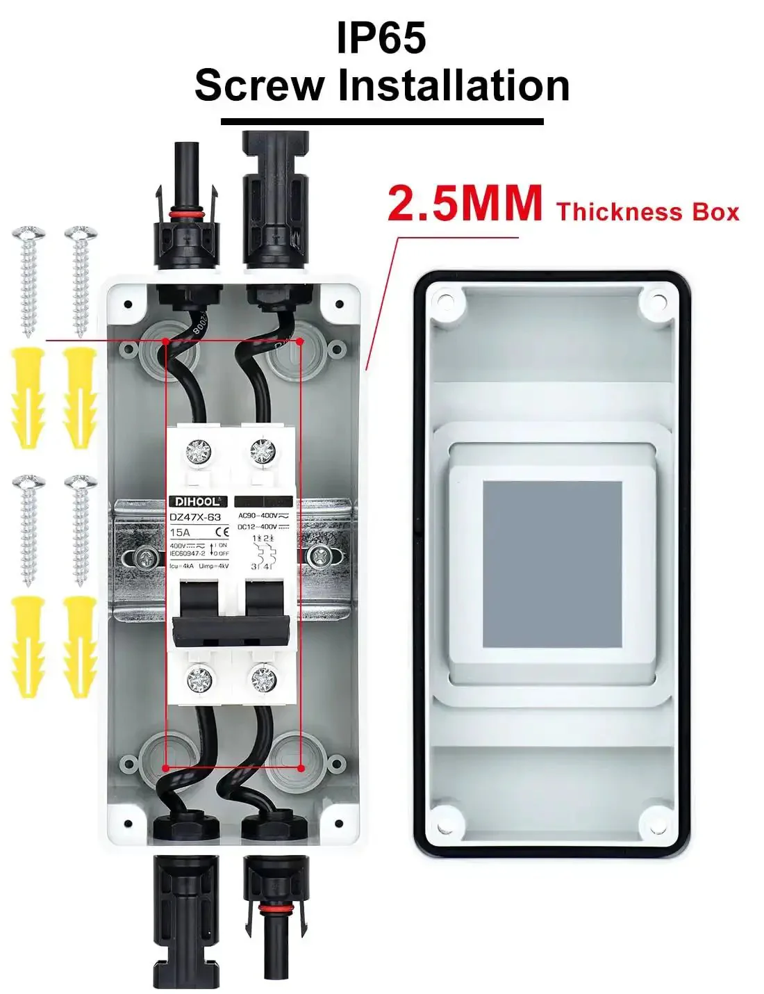 15 Amp Solar DC Disconnect Switch Outdoor Breaker Box With IP65 Waterproof UV Resistant PC Shell And Flame Retardant V1 Rated Housing For Off Grid Solar Systems - Image 3