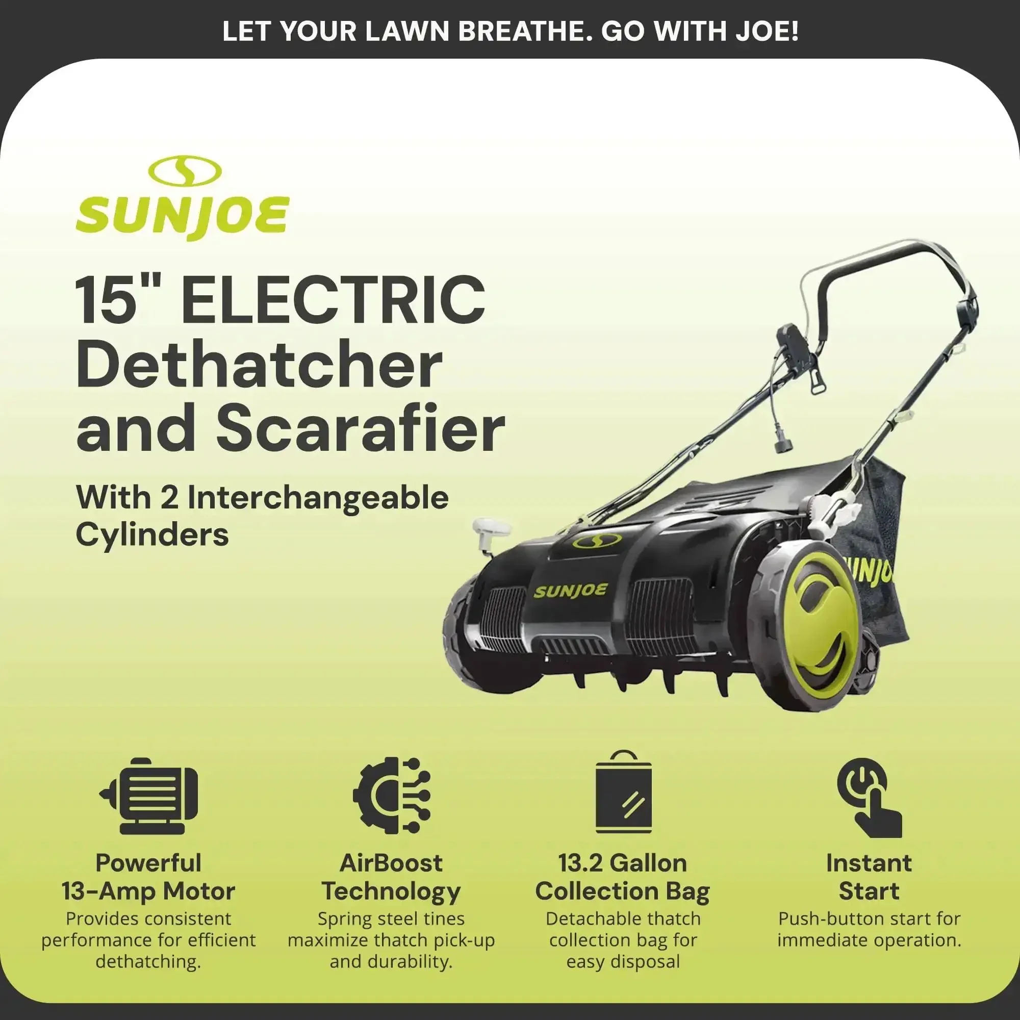 15 Inch Electric Lawn Dethatcher With Scarifier Blade Reel And Collection Bag For Grass Thatch Removal Powered By A 13 Amp Corded Yard Power Rake Tool Built For No Fuss Cleanups And Greener Lawn Care AJ805E - Image 9