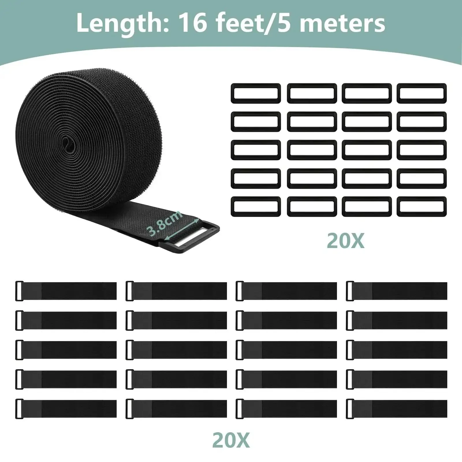 1.5 Inch Wide Cinch Straps 16 Foot Heavy Duty Nylon Cable Ties With 20 Buckles For Custom Lengths And Easy Organization Reusable Black Straps With Hook And Loop For Storage And DIY Projects - Image 7