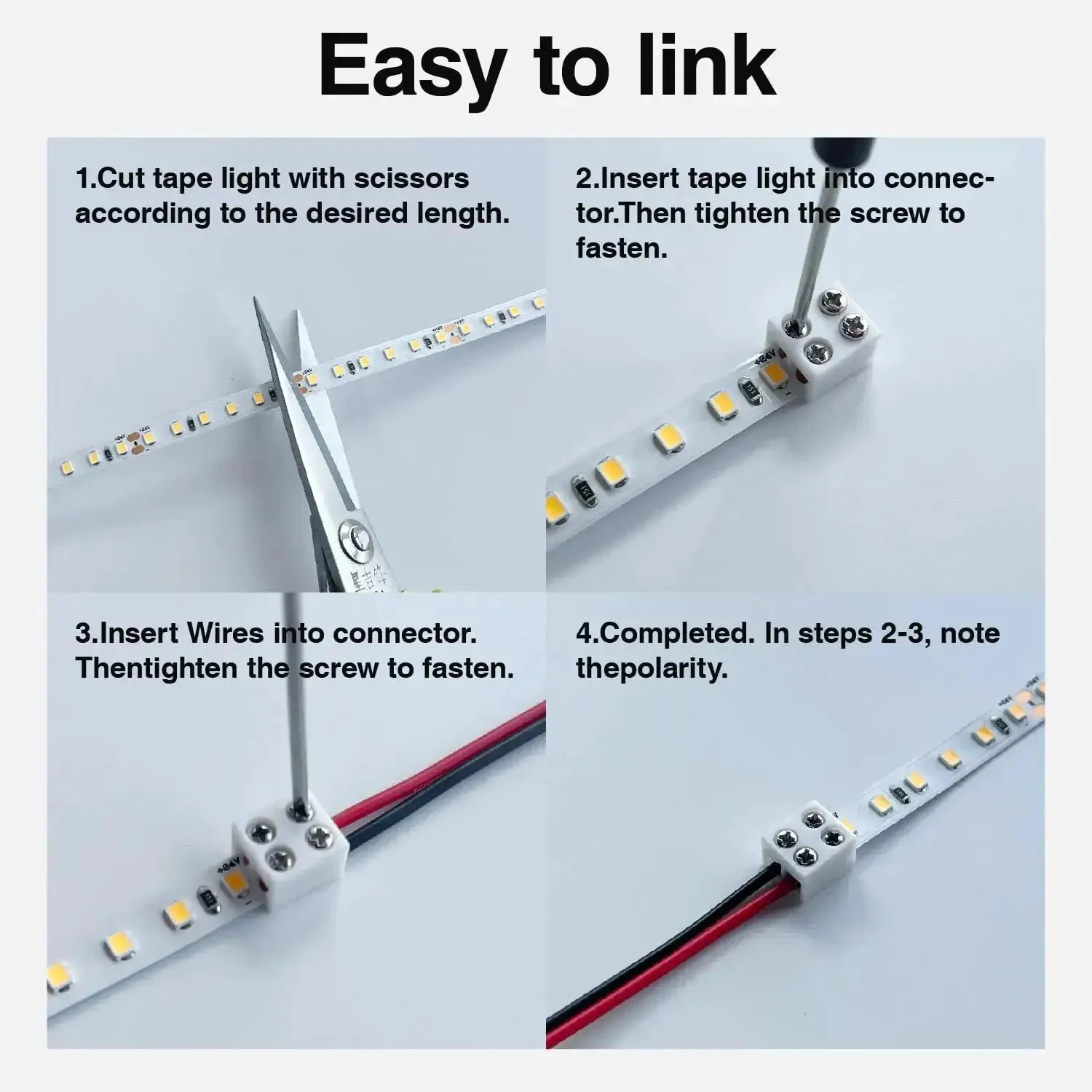 15 Pack 2 Pin 10mm LED Strip Connectors With 32.8ft Wire, Solderless Screw Terminal Blocks For Quick Plug And Play Wire To COB LED Tapes, Includes Screwdriver, Fits 5-24V Decorative IP65 Waterproof Strips - Image 4