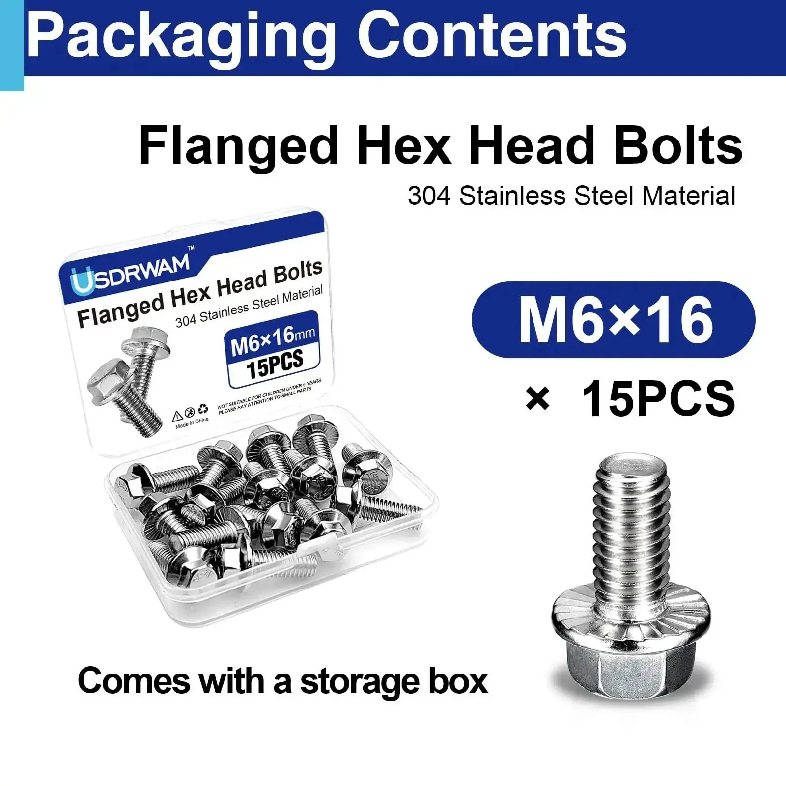 15 Pack M6 1.0 x 16mm Flange Bolts Full Thread Serrated Hex Head 304 Stainless Steel For Machinery Automotive Equipment Assembly Kit With Storage Box - Image 5
