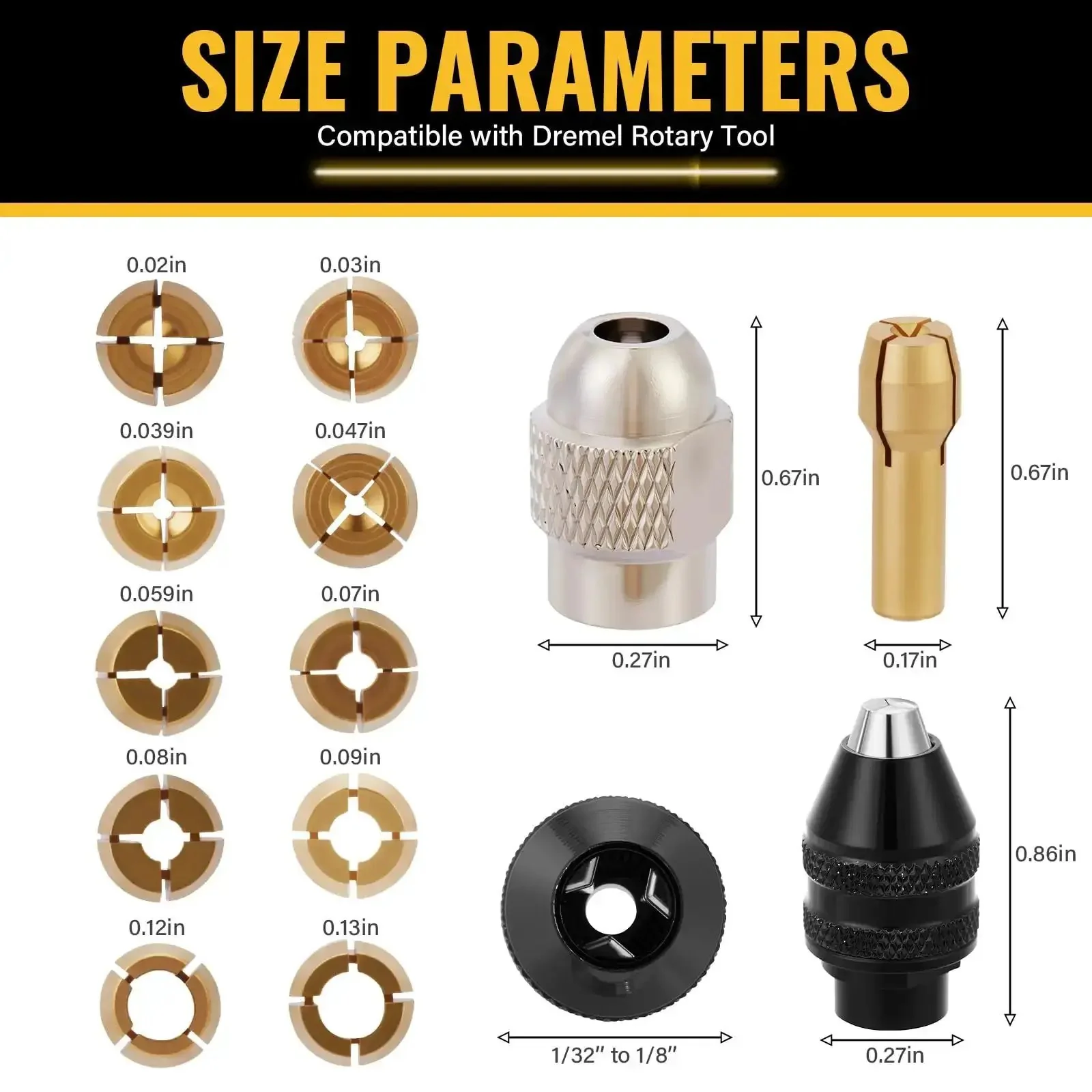 15-Piece Drill Chuck Collet Set For Dremel Rotary Tools 0.02in To 0.13in, Keyless Quick-Change Kit With 3-Jaw Chuck, Brass Collets, Metal Nut, Wrench, L-Shaped Wrench, Ideal DIY Upgrade For Hobbyists And Pros - Image 6