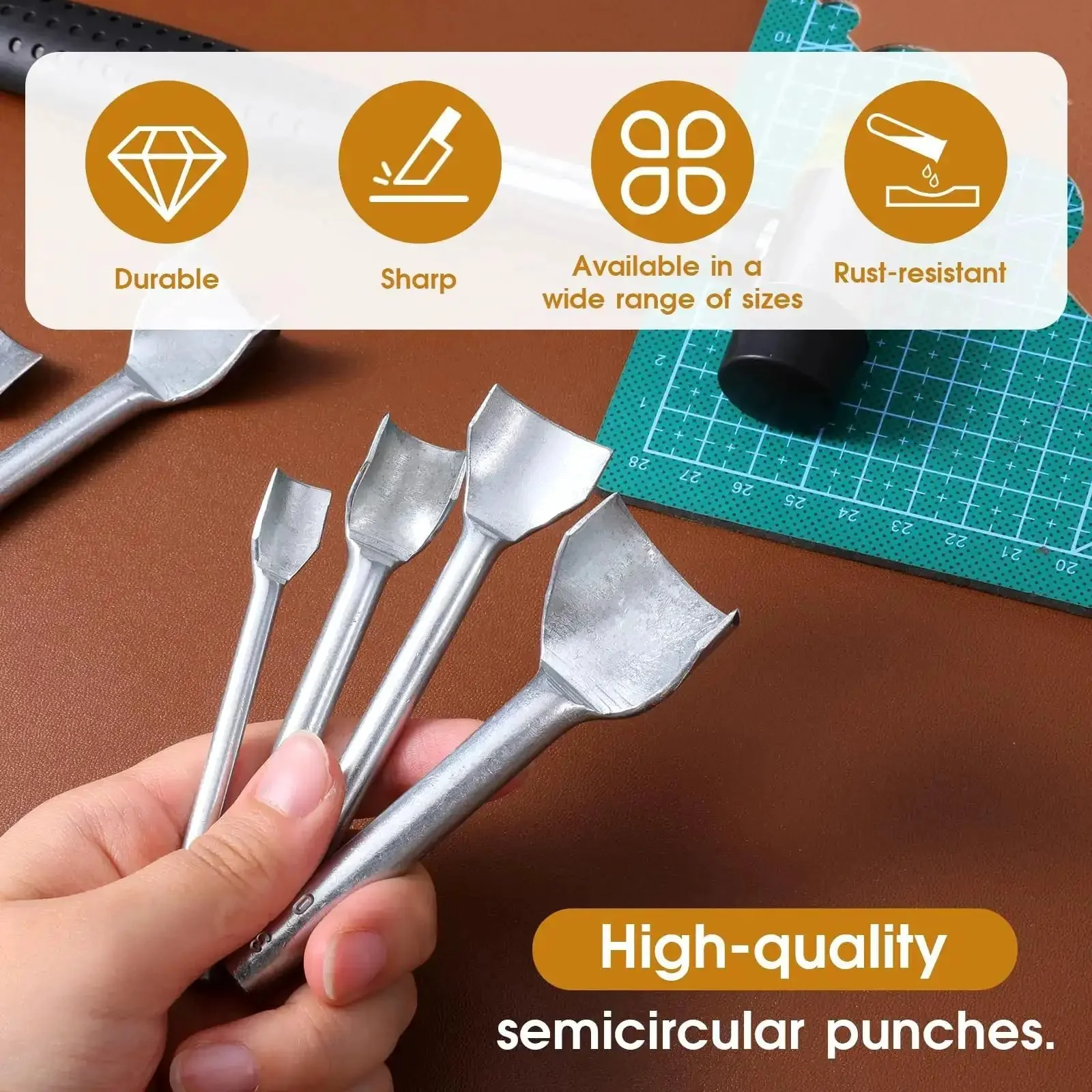 15 Piece Leather Corner Punch Set With Double Sided Rubber Hammer Half Round And Quarter Round Punches Arc Shaped Leather Cutters For DIY Straps Belts Wallets Bags And More 10 To 40 mm Size Range - Image 4