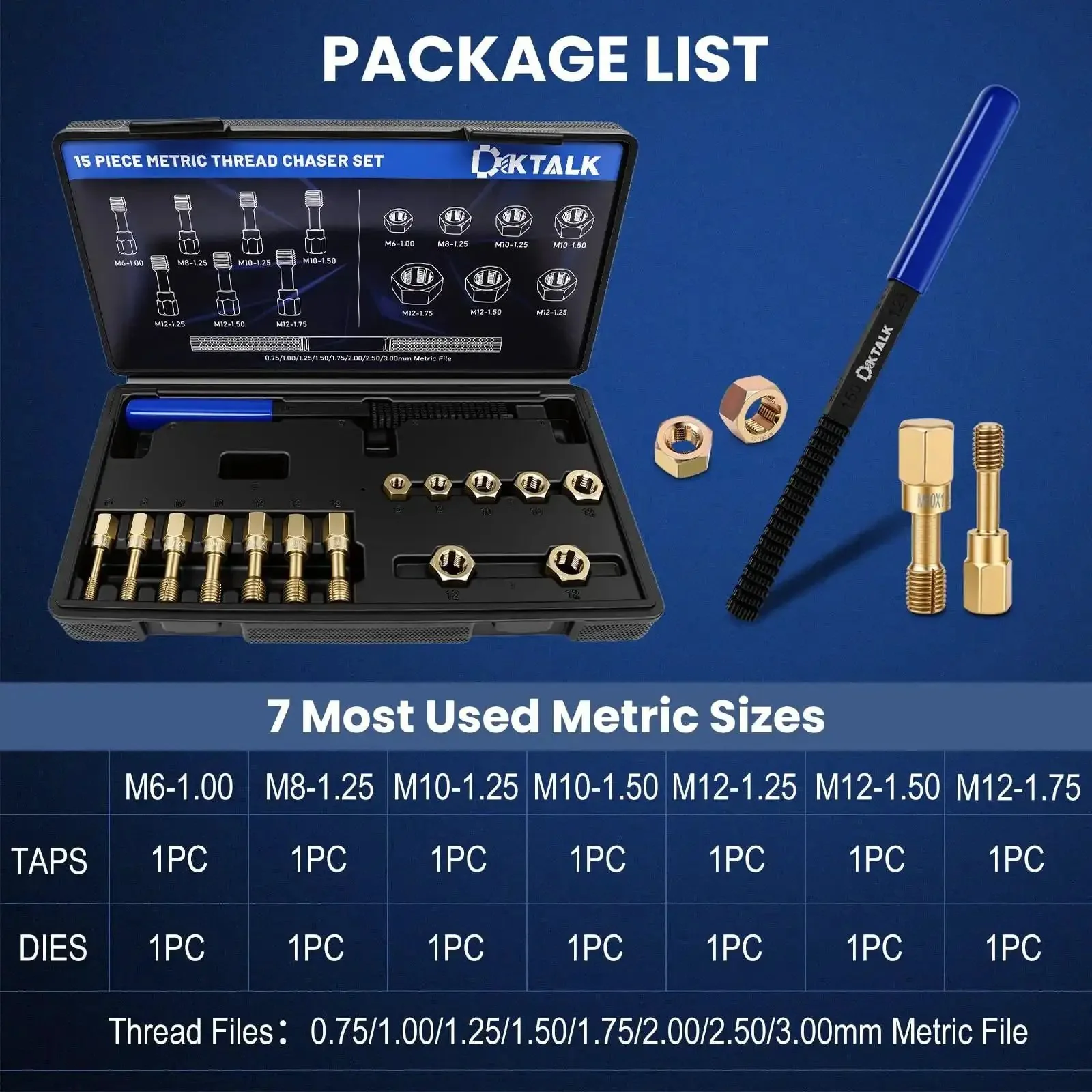 15 Piece Metric Thread Chaser Set With 7 Taps And 7 Dies Plus Thread Restorer File For Automotive And DIY Rethreading In Durable Case Pro Grade Tool M6x1.0 M8x1.25 M10x1.25 M10x1.5 M12x1.25 M12x1.5 M12x1.75 - Image 7
