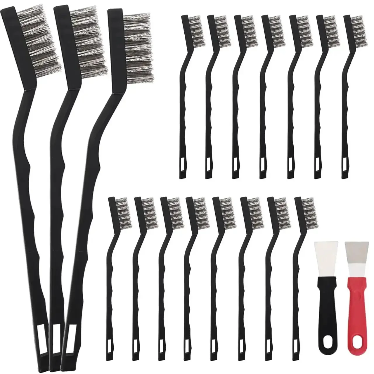 15 Piece Mini Stainless Steel Wire Brush Set With Curved Handles For Removing Rust And Welding Slag, Includes 2 Cleaning Scrapers, Durable Go To Tools For Home Shop Garage And Metalwork Projects