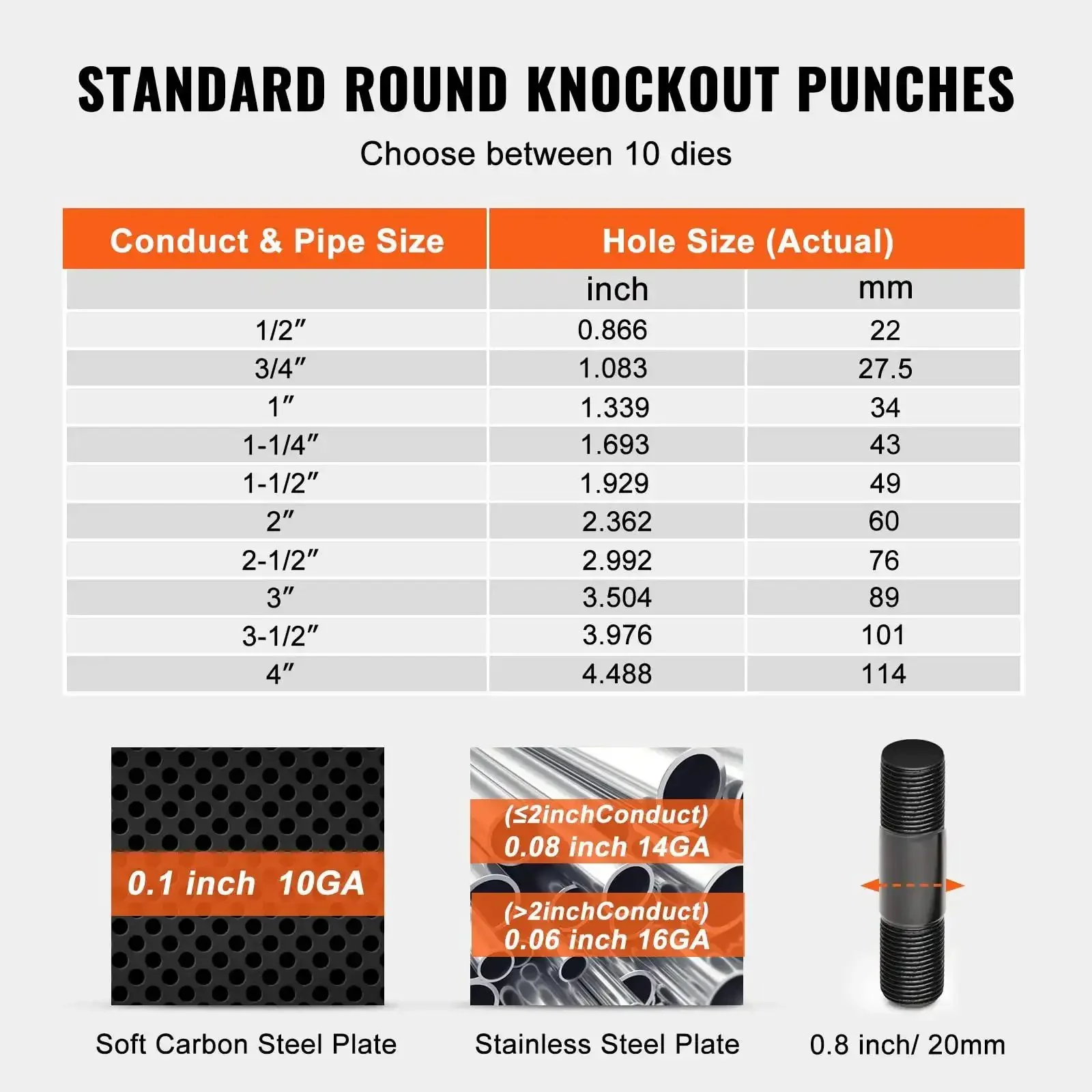 15 Ton Hydraulic Knockout Punch Kit With 10 Punches And Dies, Step Drill Bit, Carrying Case, Piston Shaft, Spacer And Sealing Rings, DIY Ready, Half To Four Inch Conduit Hole Cutter Set, For Aluminum, Brass, Stainless Steel, Fiberglass And Plastic - Image 10