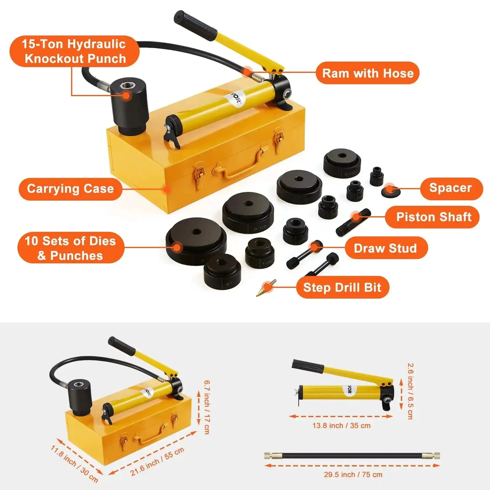15 Ton Hydraulic Knockout Punch Kit With 10 Punches And Dies, Step Drill Bit, Carrying Case, Piston Shaft, Spacer And Sealing Rings, DIY Ready, Half To Four Inch Conduit Hole Cutter Set, For Aluminum, Brass, Stainless Steel, Fiberglass And Plastic - Image 7