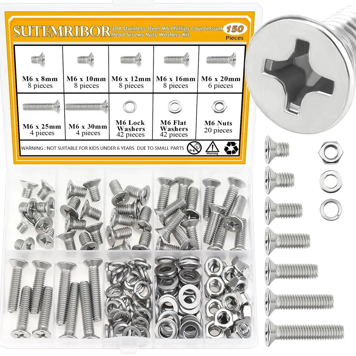 150 Piece M6 Countersunk Phillips Machine Screws Nuts Washers Set For 304 Stainless Steel Fully Threaded Assortment Kit M6 X 8/10/12/16/20/25/30mm Home DIY Projects And Quick Fixes