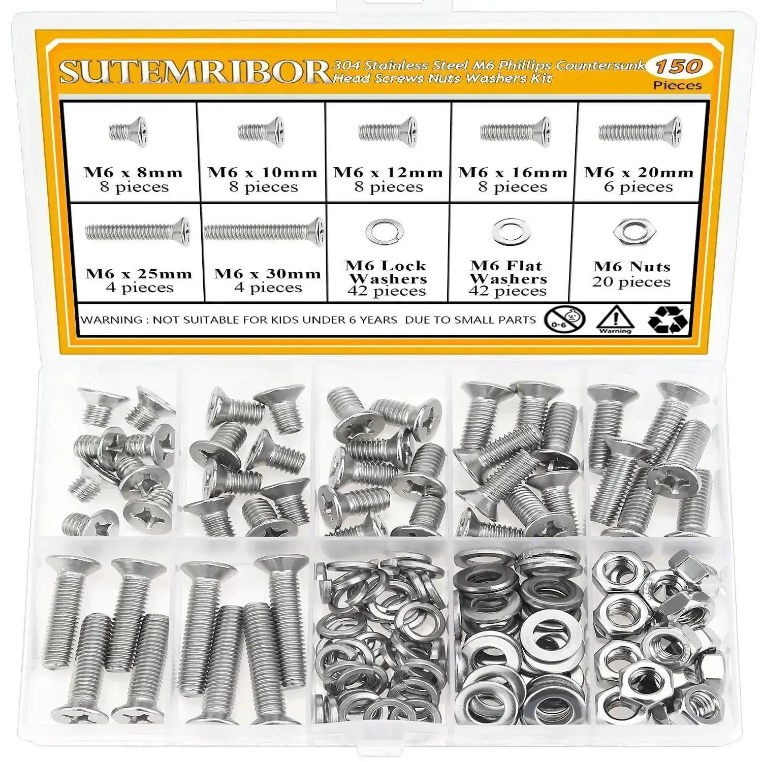 150 Piece M6 Countersunk Phillips Machine Screws Nuts Washers Set For 304 Stainless Steel Fully Threaded Assortment Kit M6 X 8/10/12/16/20/25/30mm Home DIY Projects And Quick Fixes - Image 2