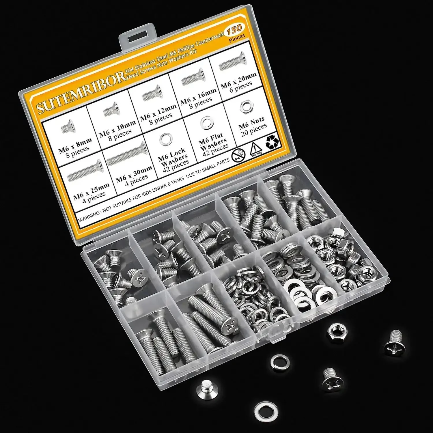 150 Piece M6 Countersunk Phillips Machine Screws Nuts Washers Set For 304 Stainless Steel Fully Threaded Assortment Kit M6 X 8/10/12/16/20/25/30mm Home DIY Projects And Quick Fixes - Image 3