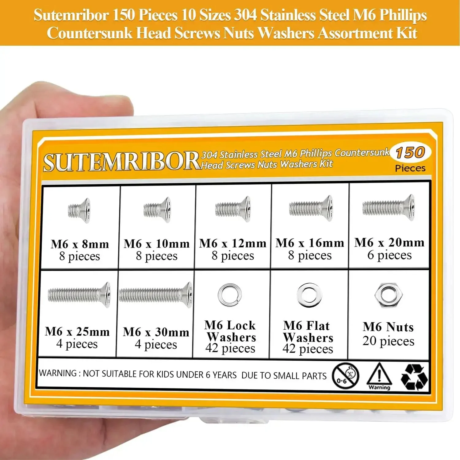 150 Piece M6 Countersunk Phillips Machine Screws Nuts Washers Set For 304 Stainless Steel Fully Threaded Assortment Kit M6 X 8/10/12/16/20/25/30mm Home DIY Projects And Quick Fixes - Image 5