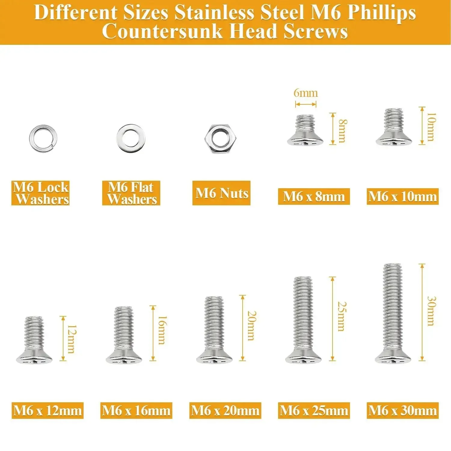 150 Piece M6 Countersunk Phillips Machine Screws Nuts Washers Set For 304 Stainless Steel Fully Threaded Assortment Kit M6 X 8/10/12/16/20/25/30mm Home DIY Projects And Quick Fixes - Image 7