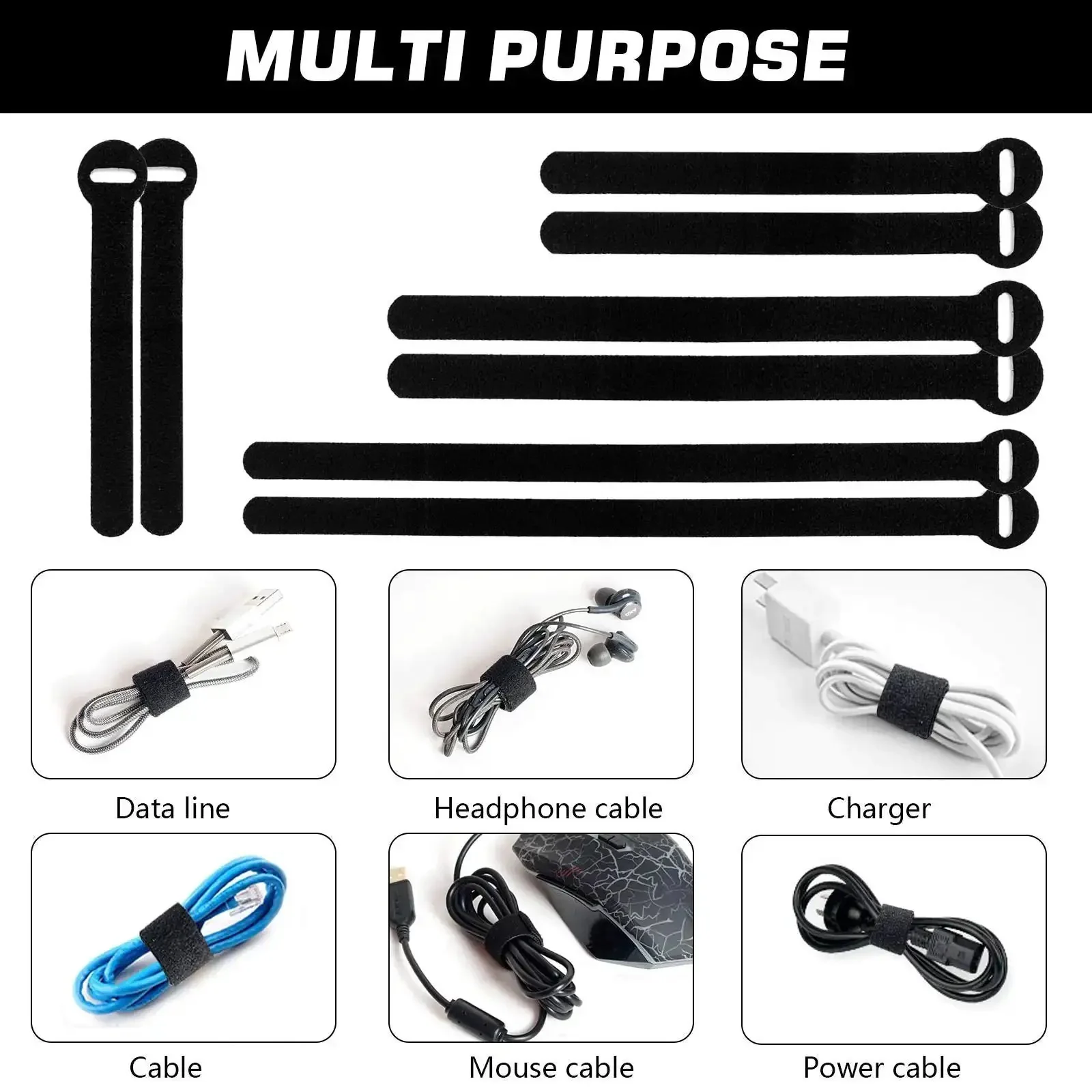 150 Piece Reusable Cable Ties Set With 4, 6, 8, 10 Inch Hook And Loop Straps, Multi Purpose Wire Ties, Adjustable Cord Organizer For Home Office And Data Center Black - Image 5