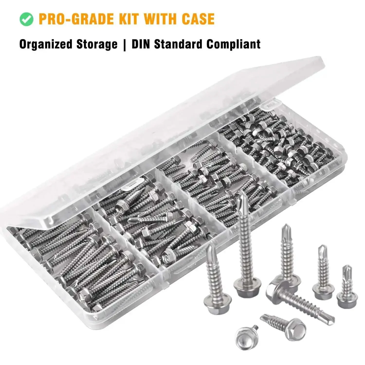150 Piece Self Drilling Screws Set For Metal Wood Plastic 410 Stainless Steel Self Tapping TEK Screws In Four Sizes 8 By One Half Inch 8 By Three Quarters Inch 10 By One Inch 10 By One And A Half Inch Hex Washer Head Rustproof Fasteners DIY Friendly - Image 2