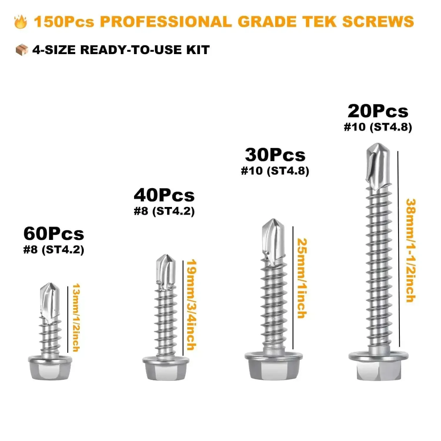 150 Piece Self Drilling Screws Set For Metal Wood Plastic 410 Stainless Steel Self Tapping TEK Screws In Four Sizes 8 By One Half Inch 8 By Three Quarters Inch 10 By One Inch 10 By One And A Half Inch Hex Washer Head Rustproof Fasteners DIY Friendly - Image 7