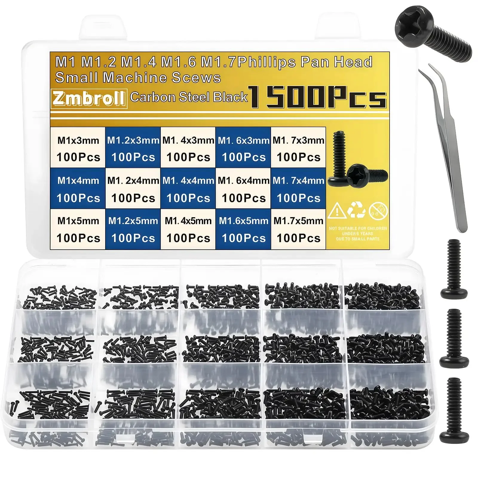 1500 Pcs Tiny Micro Repair Screws Set Black Carbon Steel Phillips Pan Head M1 To M1.7 Assortment For Eyeglasses Watches Clocks Mobile Phones And Small Electronics