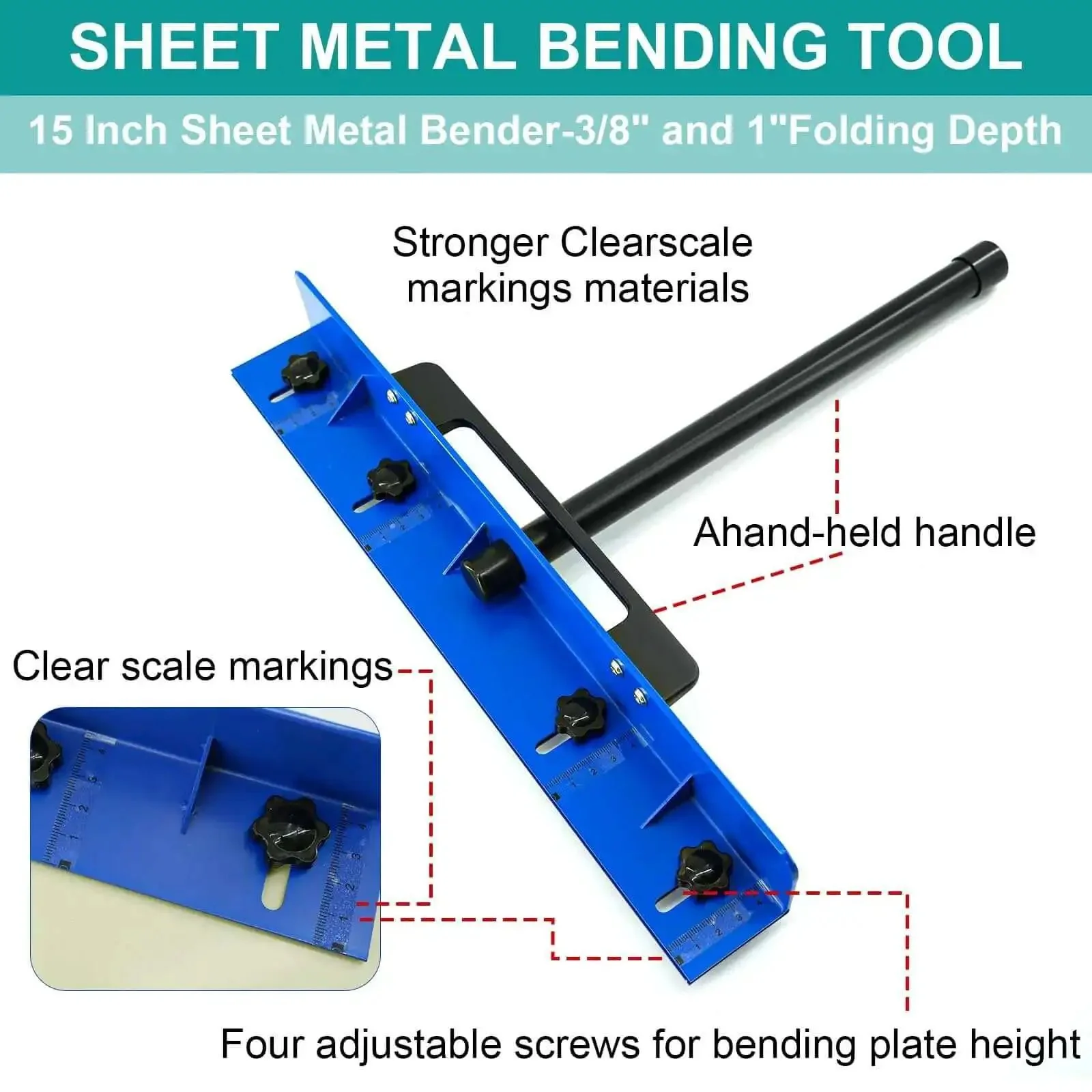 15.25 Inch Sheet Metal Hemming And Bending Tool For Roofing Panels And HVAC Duct Fabrication Pro Grade Heavy Duty Steel Bender With Built In Measurement Rulers To Fold 24 Gauge Steel At 0.2 To 2 Inch Depth - Image 7