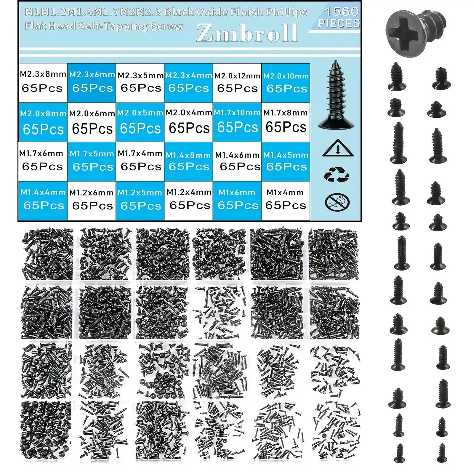 1560 Pieces Black Flat Head Self Tapping Screws Set for Woodworking and Electronics, Countersunk Cross Drive M1, 1.2, 1.4, 1.7, 2, 2.3mm Assorted Sizes In Clear Storage Box, DIY Friendly Bulk Pack Carbon Steel Tiny Fasteners for Your Projects