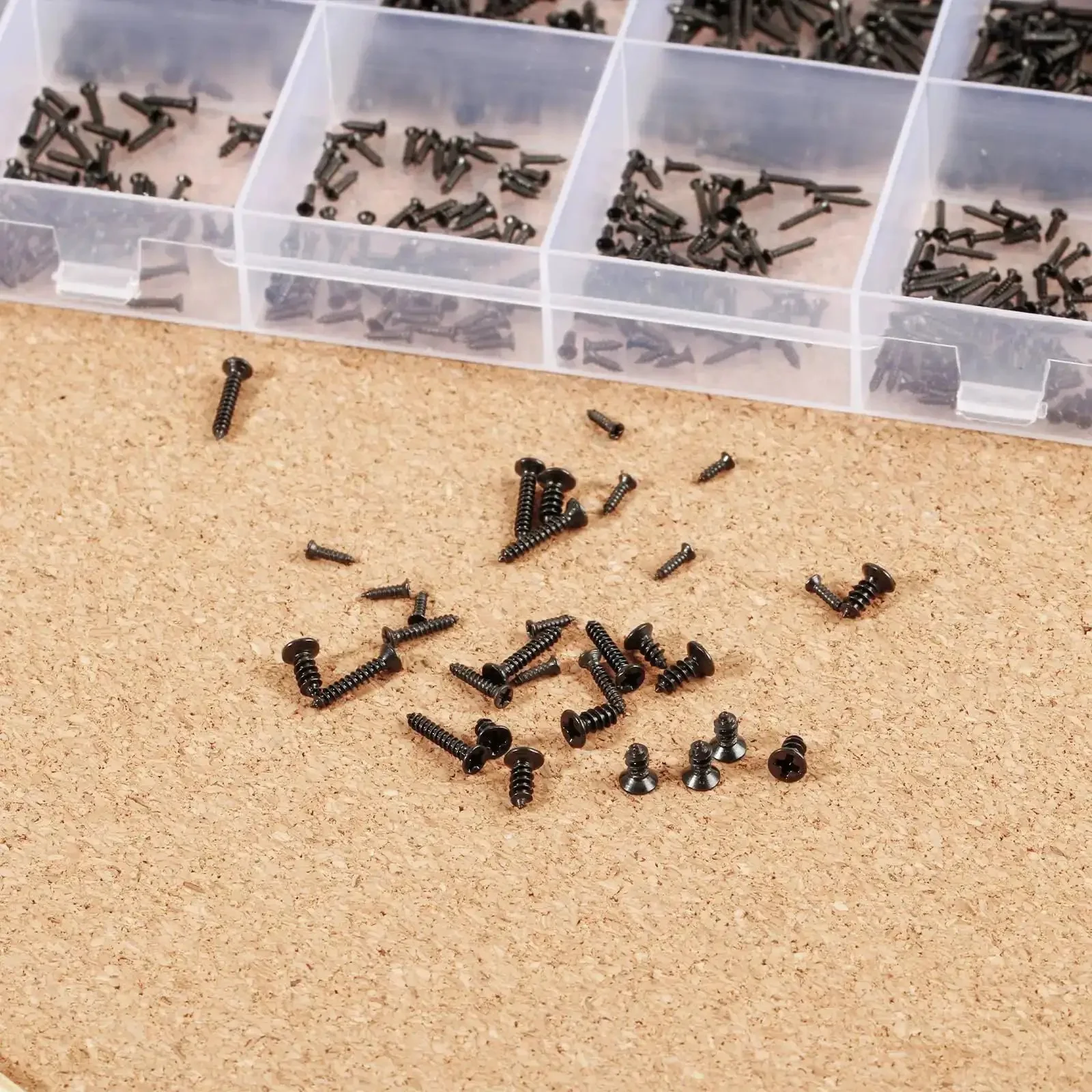 1560 Pieces Black Flat Head Self Tapping Screws Set for Woodworking and Electronics, Countersunk Cross Drive M1, 1.2, 1.4, 1.7, 2, 2.3mm Assorted Sizes In Clear Storage Box, DIY Friendly Bulk Pack Carbon Steel Tiny Fasteners for Your Projects - Image 3