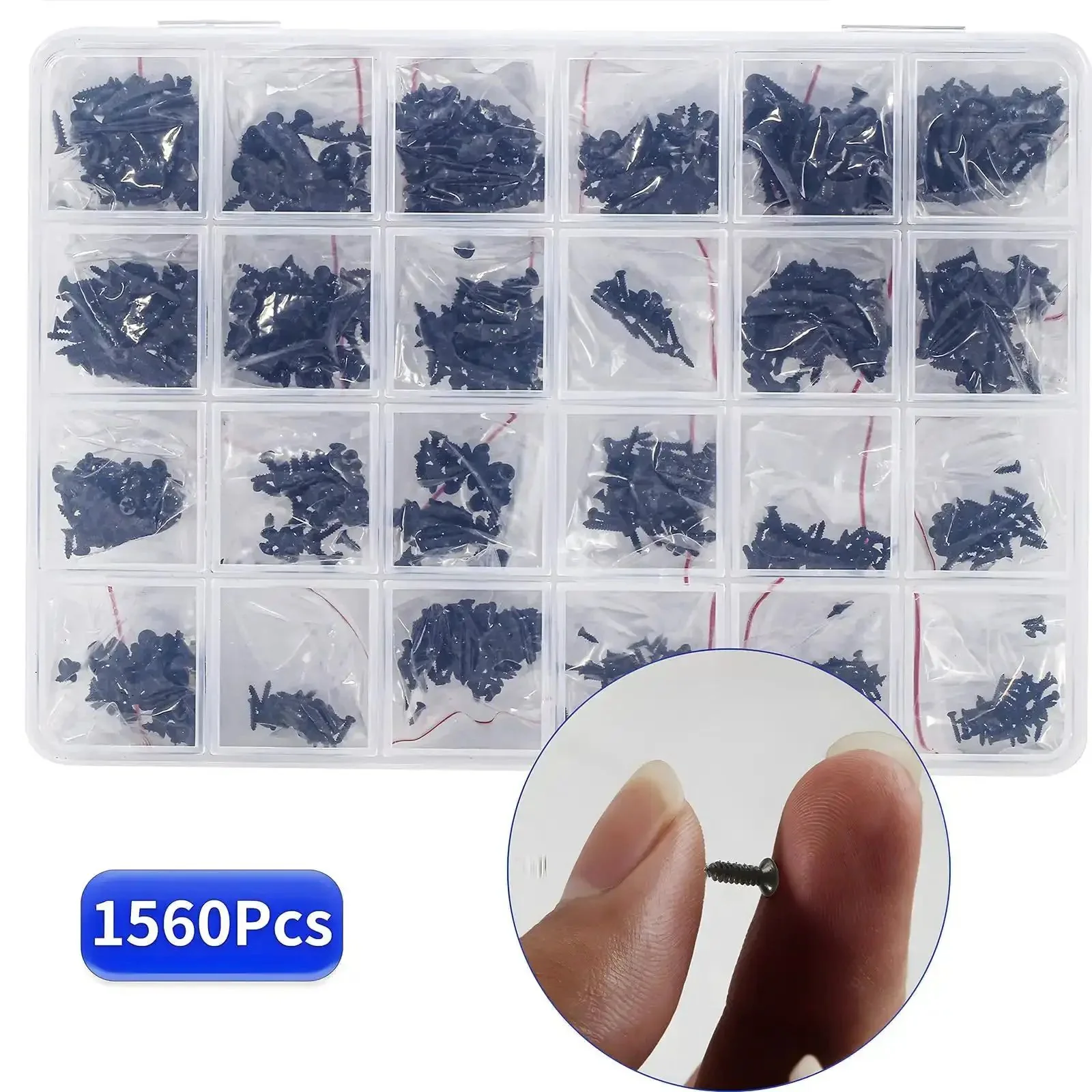 1560 Pieces Black Flat Head Self Tapping Screws Set for Woodworking and Electronics, Countersunk Cross Drive M1, 1.2, 1.4, 1.7, 2, 2.3mm Assorted Sizes In Clear Storage Box, DIY Friendly Bulk Pack Carbon Steel Tiny Fasteners for Your Projects - Image 4