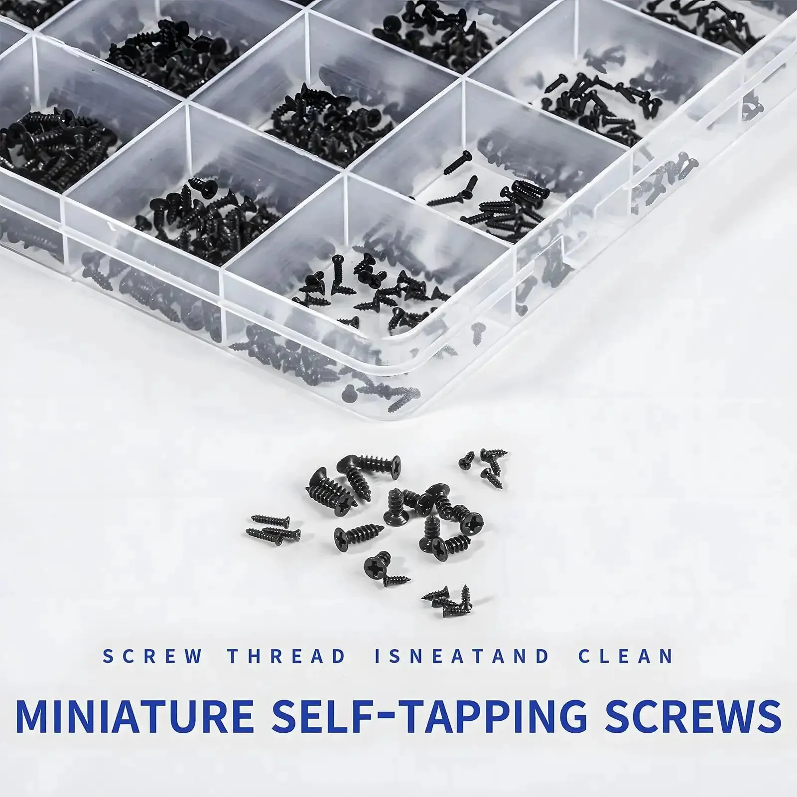1560 Pieces Black Flat Head Self Tapping Screws Set for Woodworking and Electronics, Countersunk Cross Drive M1, 1.2, 1.4, 1.7, 2, 2.3mm Assorted Sizes In Clear Storage Box, DIY Friendly Bulk Pack Carbon Steel Tiny Fasteners for Your Projects - Image 6