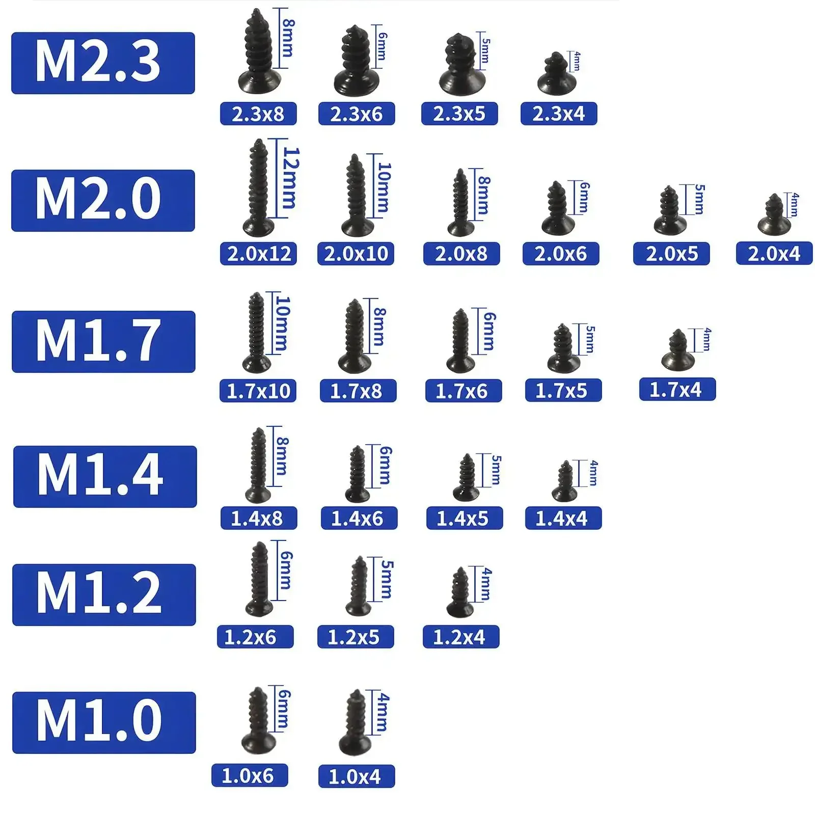 1560 Pieces Black Flat Head Self Tapping Screws Set for Woodworking and Electronics, Countersunk Cross Drive M1, 1.2, 1.4, 1.7, 2, 2.3mm Assorted Sizes In Clear Storage Box, DIY Friendly Bulk Pack Carbon Steel Tiny Fasteners for Your Projects - Image 7