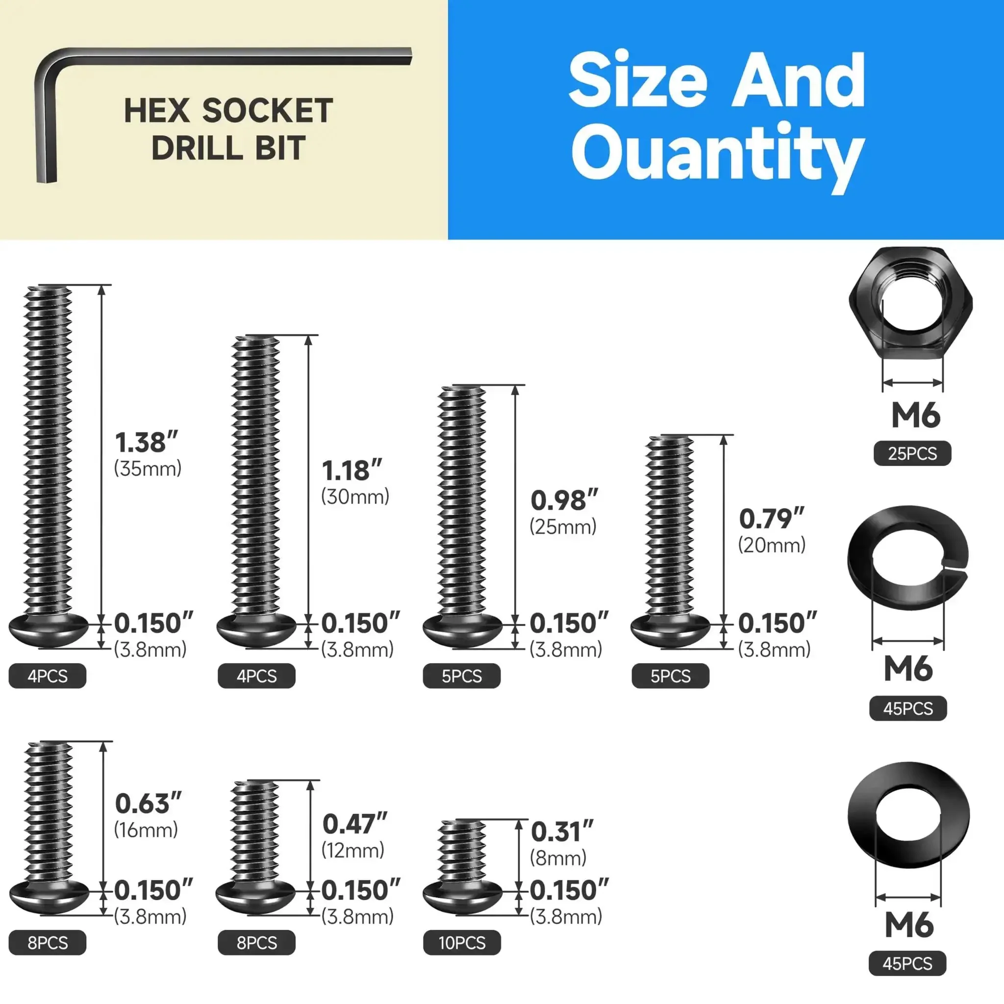 159 Piece M6 Screw Set With Button Head Socket Cap Screws Grade 10.9 Carbon Steel Black Oxide Finish Includes Nuts And Washers And Hex Wrenches For DIY Projects - Image 7