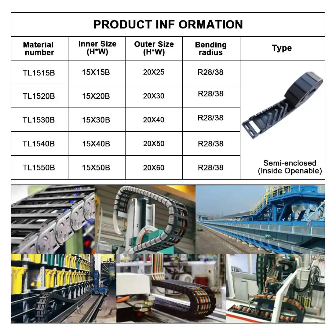 15x15mm Semi Enclosed Drag Chain Cable Carrier For CNC Machines - Black Plastic, 1 Meter Length, End Connectors Included, Inner Side Openable, R28/38 Bend Radius, Easy Link Cables Into One Long Run - Image 3