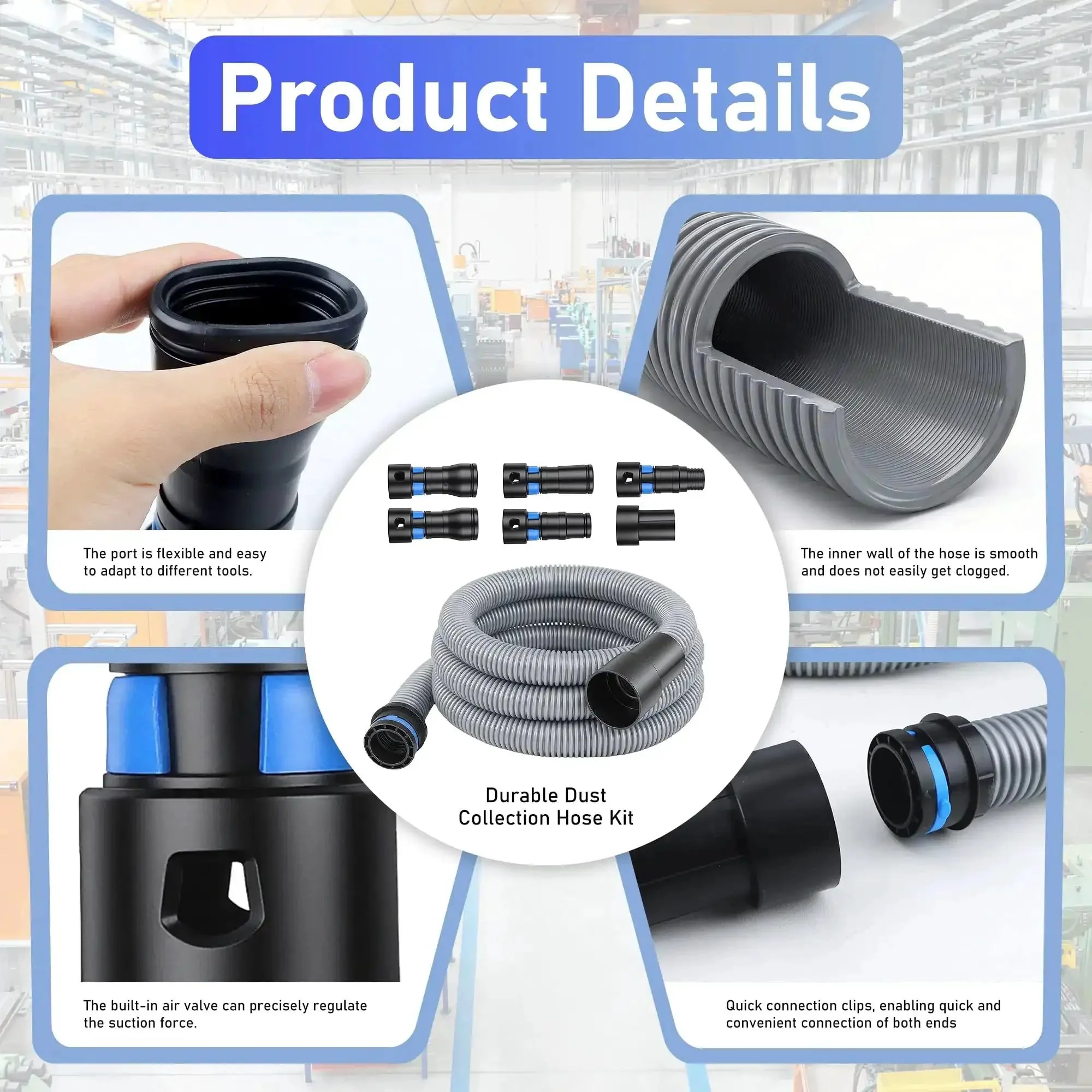 16 Foot Dust Collection Hose Kit With Six Universal Adapters From Quarter Inch To One And A Half Inch For Woodworking And Shop Vacuums Heavy Duty Flexible Vacuum Hose Fits Most Brands For Sander Tools - Image 4