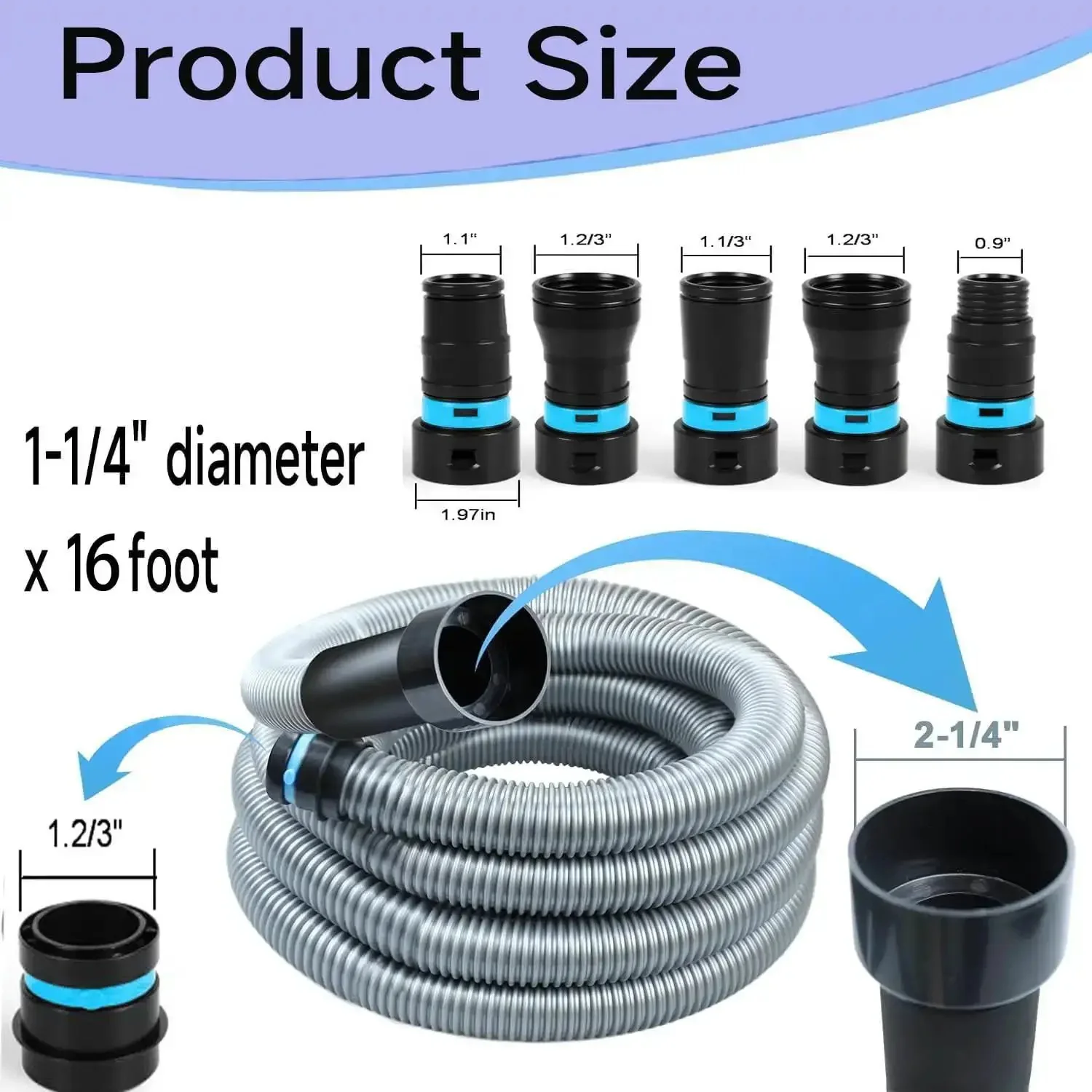 16 Foot Universal Dust Collection Hose For Home And Shop Vacuum Systems Includes 6 Pro-Grade Adapters For Woodworking Tools And Sander Works With Most Brands Heavy Duty Silver Gray Vacuum Hose - Image 5