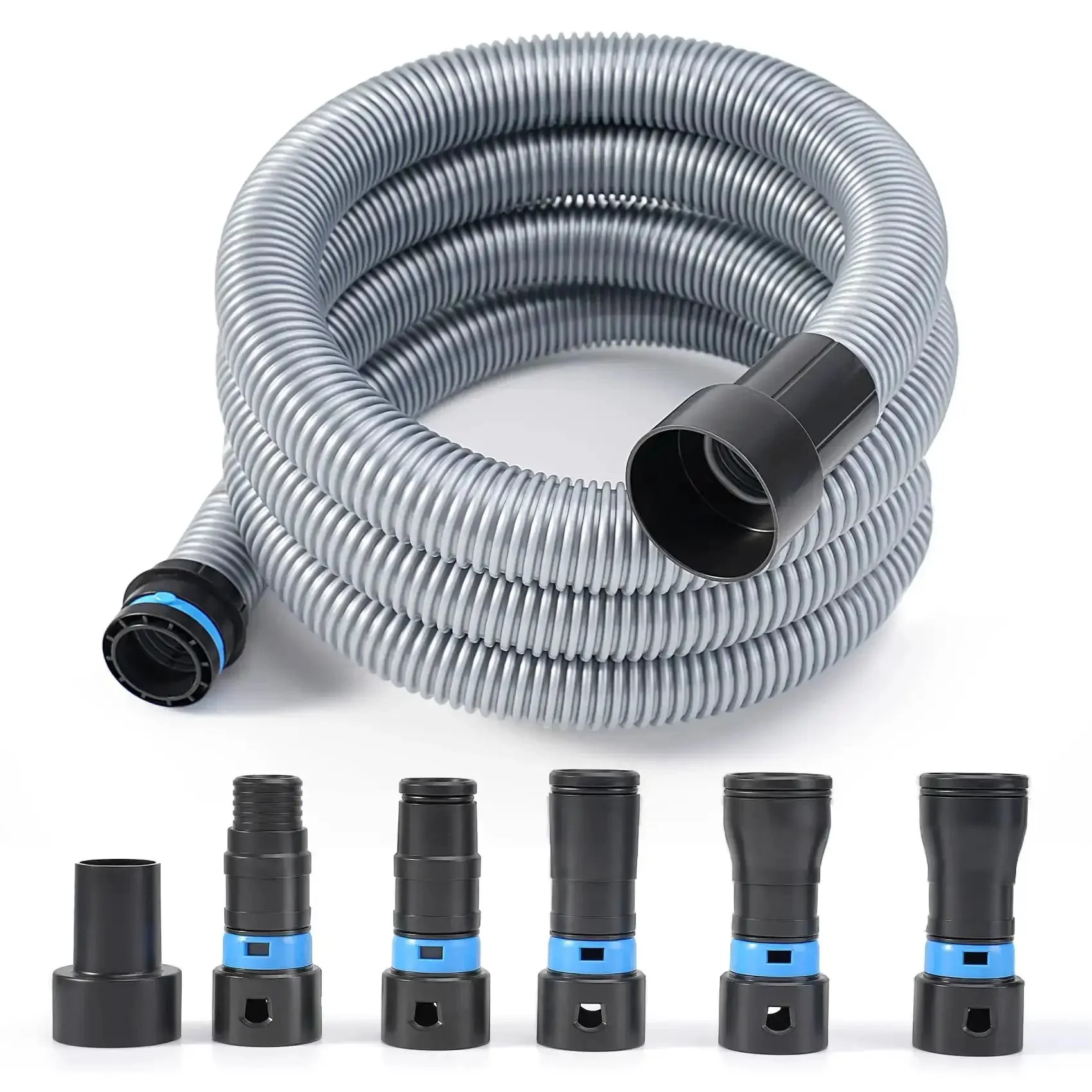 16 Ft Dust Collection Hose Kit For Home And Workshop Vacuum Systems With 1 1/4 Inch Hose 360 Degree Quick Connect Anti Kink Suction Dial Clog Resistant Inner Wall Expanded Multi Brand Adapter Set And Six Sander Adapters For 2 1/4 Inch Dust Collectors