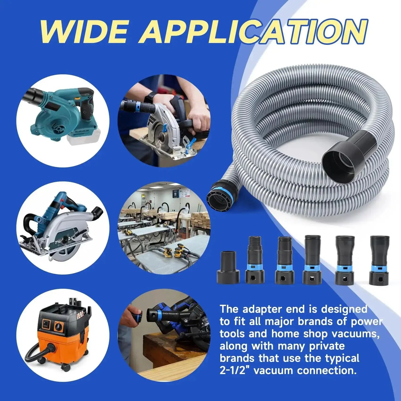 16 Ft Dust Collection Hose Kit For Home And Workshop Vacuum Systems With 1 1/4 Inch Hose 360 Degree Quick Connect Anti Kink Suction Dial Clog Resistant Inner Wall Expanded Multi Brand Adapter Set And Six Sander Adapters For 2 1/4 Inch Dust Collectors - Image 3