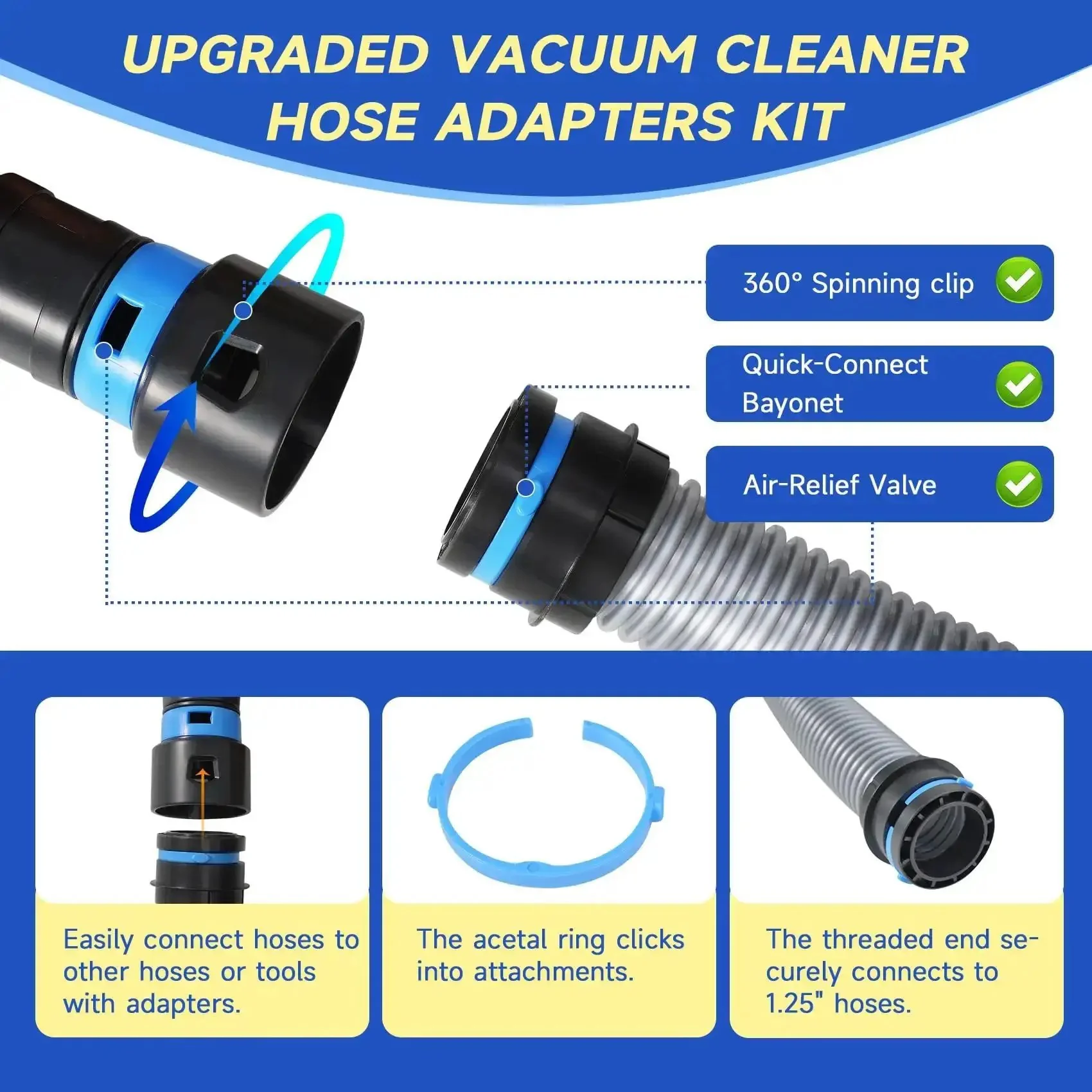 16 Ft Dust Collection Hose Kit For Home And Workshop Vacuum Systems With 1 1/4 Inch Hose 360 Degree Quick Connect Anti Kink Suction Dial Clog Resistant Inner Wall Expanded Multi Brand Adapter Set And Six Sander Adapters For 2 1/4 Inch Dust Collectors - Image 5