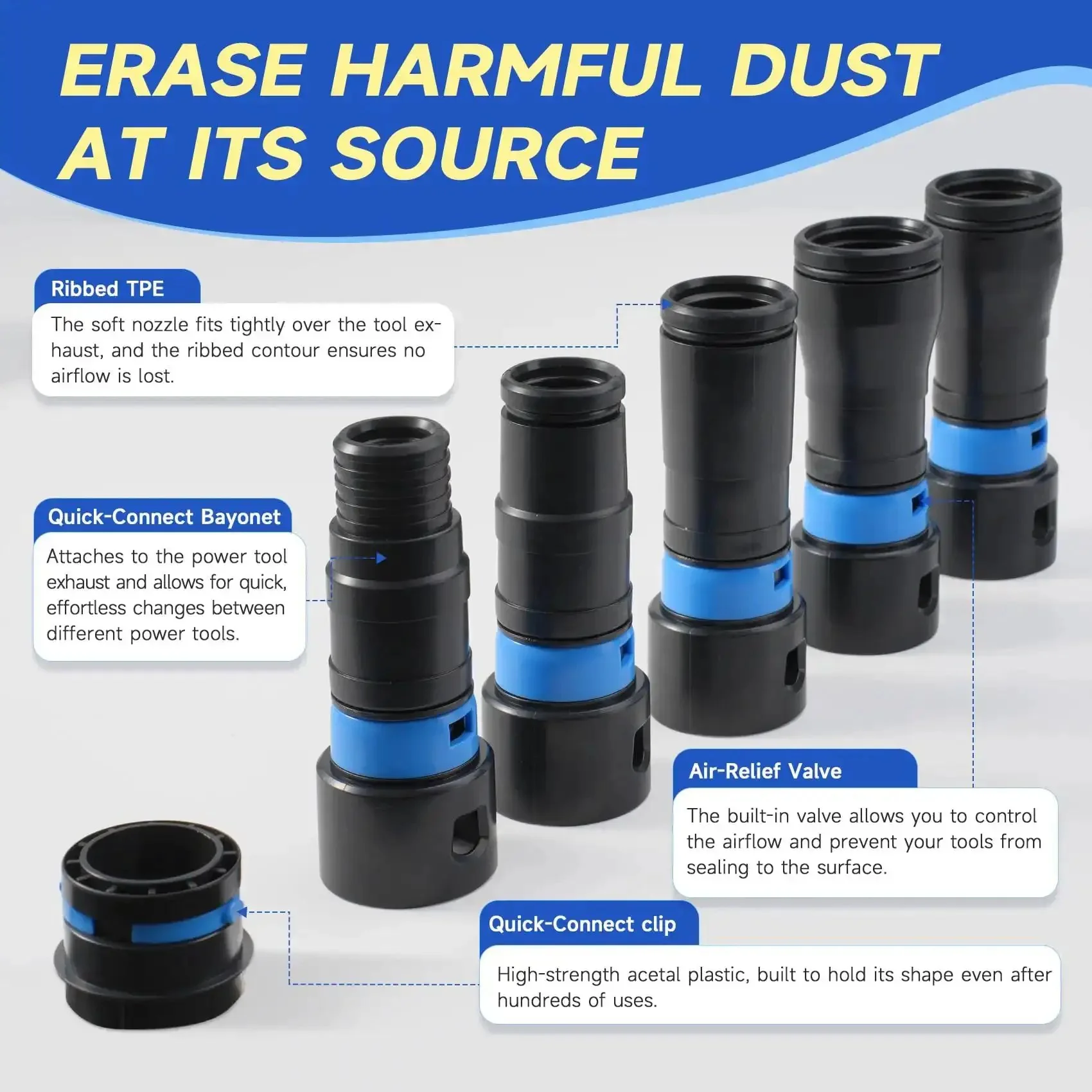 16 Ft Dust Collection Hose Kit For Home And Workshop Vacuum Systems With 1 1/4 Inch Hose 360 Degree Quick Connect Anti Kink Suction Dial Clog Resistant Inner Wall Expanded Multi Brand Adapter Set And Six Sander Adapters For 2 1/4 Inch Dust Collectors - Image 6