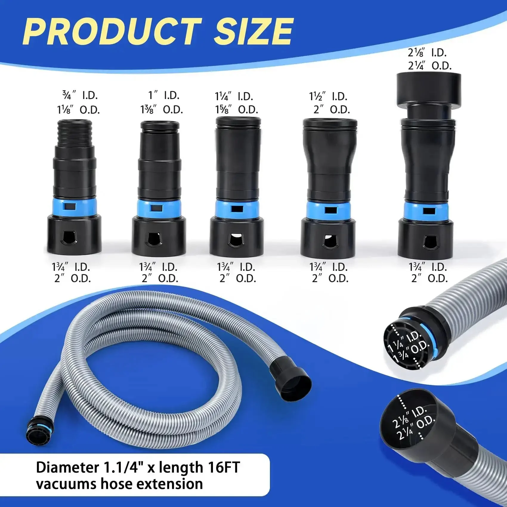 16 Ft Dust Collection Hose Kit For Home And Workshop Vacuum Systems With 1 1/4 Inch Hose 360 Degree Quick Connect Anti Kink Suction Dial Clog Resistant Inner Wall Expanded Multi Brand Adapter Set And Six Sander Adapters For 2 1/4 Inch Dust Collectors - Image 7