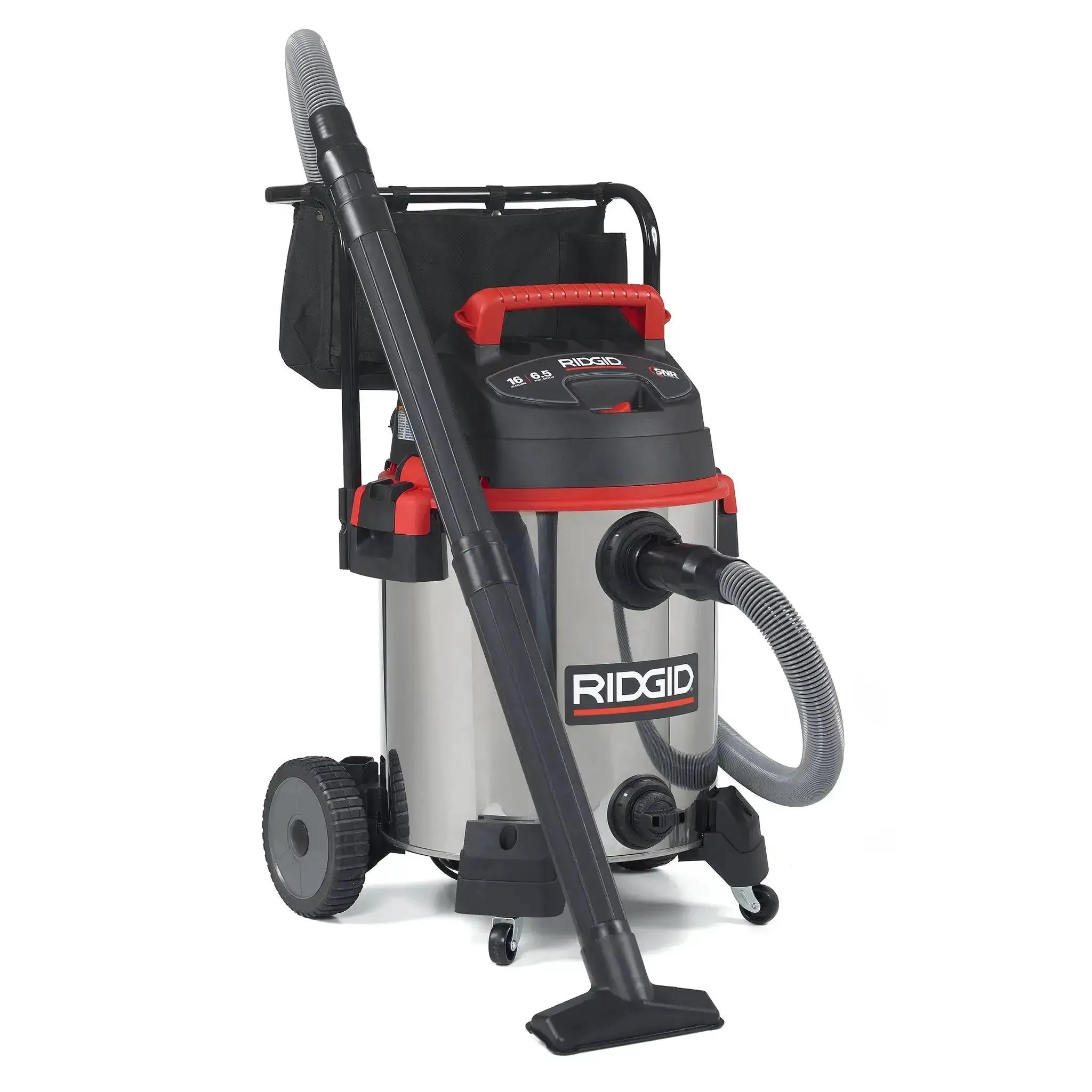 16-Gallon Stainless Steel Wet Dry Shop Vacuum With Cart, Pro Hose, Drain And Blower Port, 6.5 Peak HP Motor, Large Wheels, Built-In Cart For Easy Mobility, Durable Tank For Home Garage And Shop Cleanup, Red - Image 7
