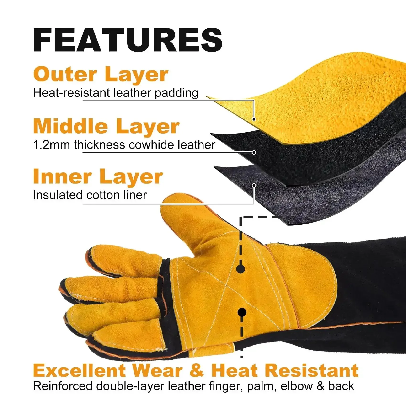 16 Inch Extreme Heat Resistant Leather Welding Gloves With Kevlar Reinforcement And Double Stitching For Mig Tig Stick Welding, Forge, Bbq, Grill, Fireplace, Wood Stove, Furnace, Oven And Safe, Loving Pet Care - Image 4
