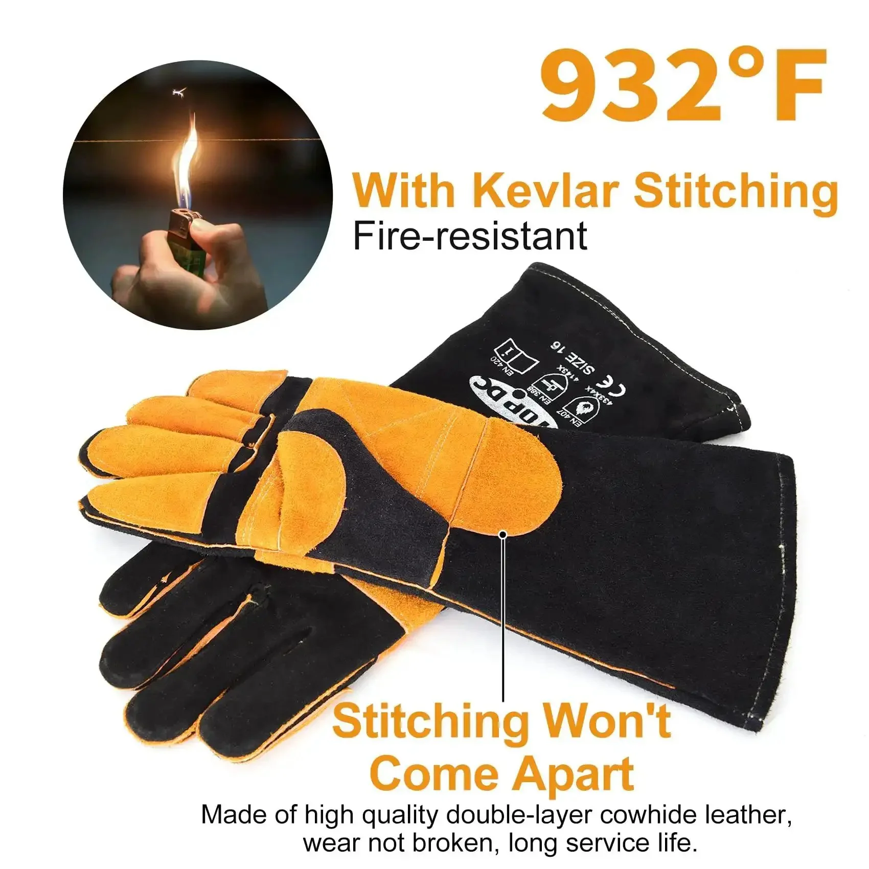 16 Inch Extreme Heat Resistant Leather Welding Gloves With Kevlar Reinforcement And Double Stitching For Mig Tig Stick Welding, Forge, Bbq, Grill, Fireplace, Wood Stove, Furnace, Oven And Safe, Loving Pet Care - Image 5