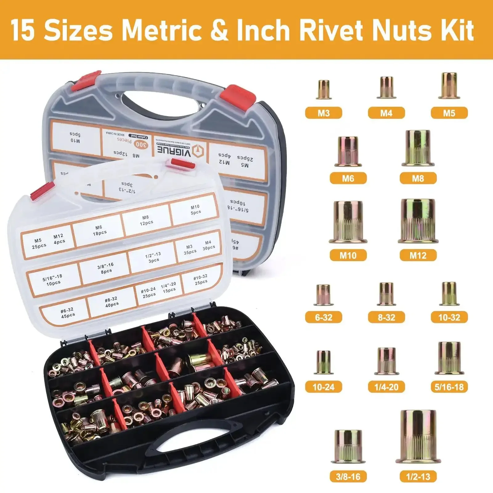 16 Inch Rivet Nut Tool Kit With 15 Mandrels And 300 Rivet Nuts Assortment For Metric And SAE Sizes Heavy Duty Portable Hand Rivet Nut Set For Automotive Metalworking And DIY Projects - Image 4