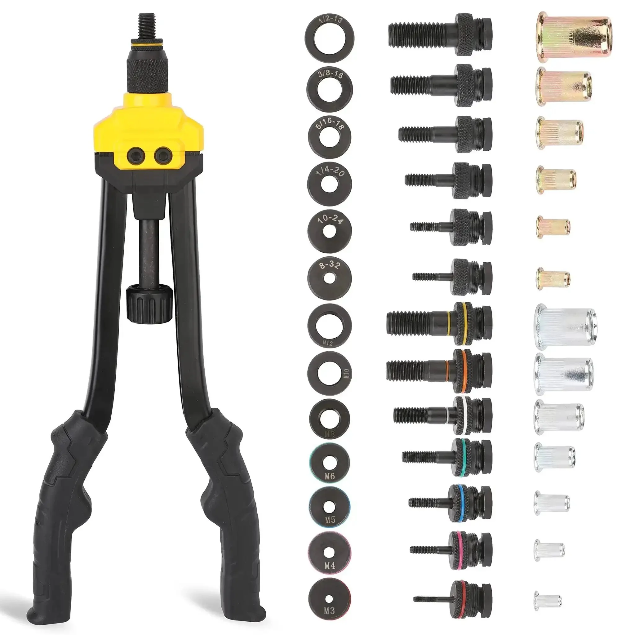 16 Inch Rivet Nut Tool Kit With Auto Release Nutsert 13 Mandrels And 130 Threaded Rivet Nuts Durable Hand Riveter Set In Sturdy Plastic Case SAE And Metric Sizes For Quick Dependable Pro Grade Nutsert Assembly