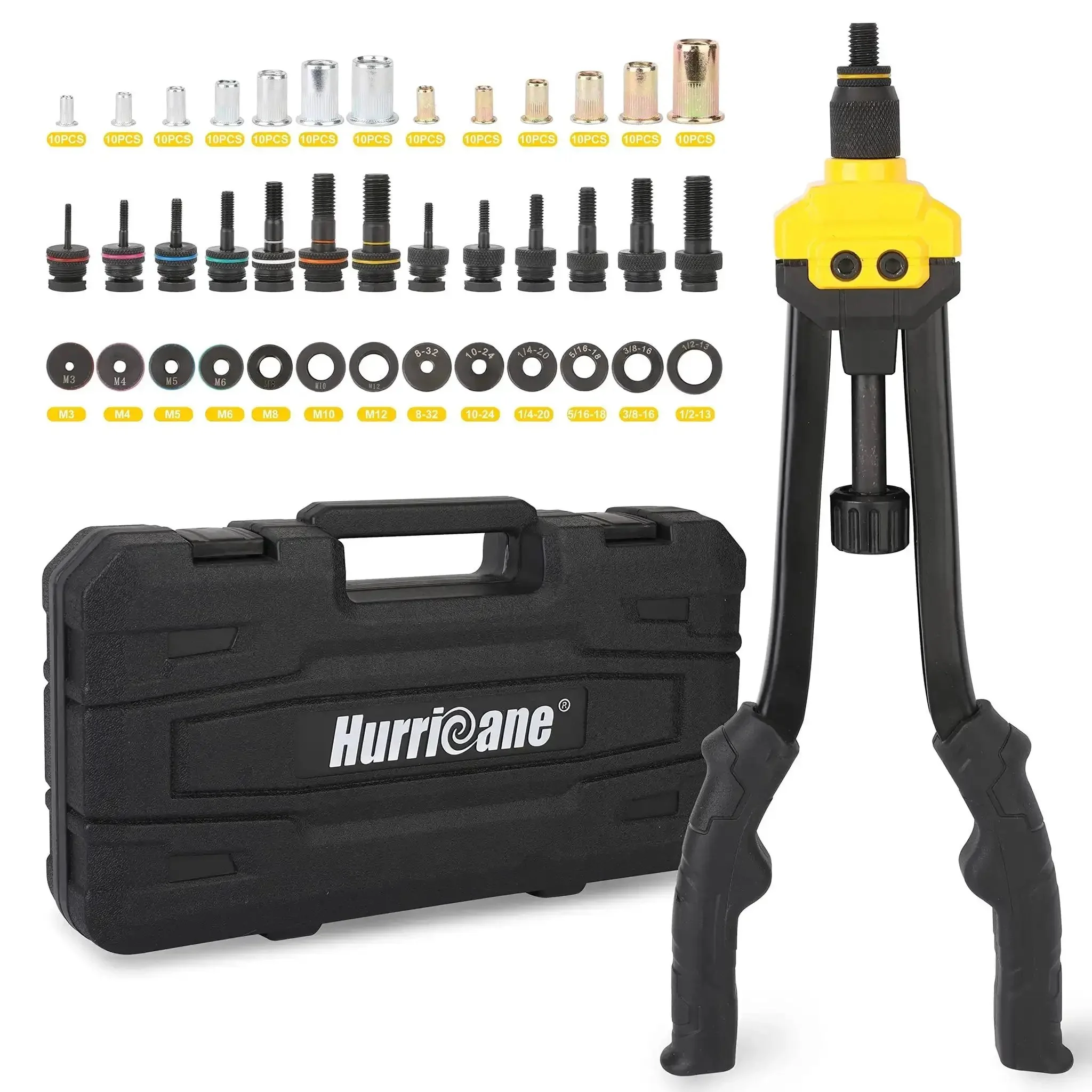 16 Inch Rivet Nut Tool Kit With Auto Release Nutsert 13 Mandrels And 130 Threaded Rivet Nuts Durable Hand Riveter Set In Sturdy Plastic Case SAE And Metric Sizes For Quick Dependable Pro Grade Nutsert Assembly - Image 7