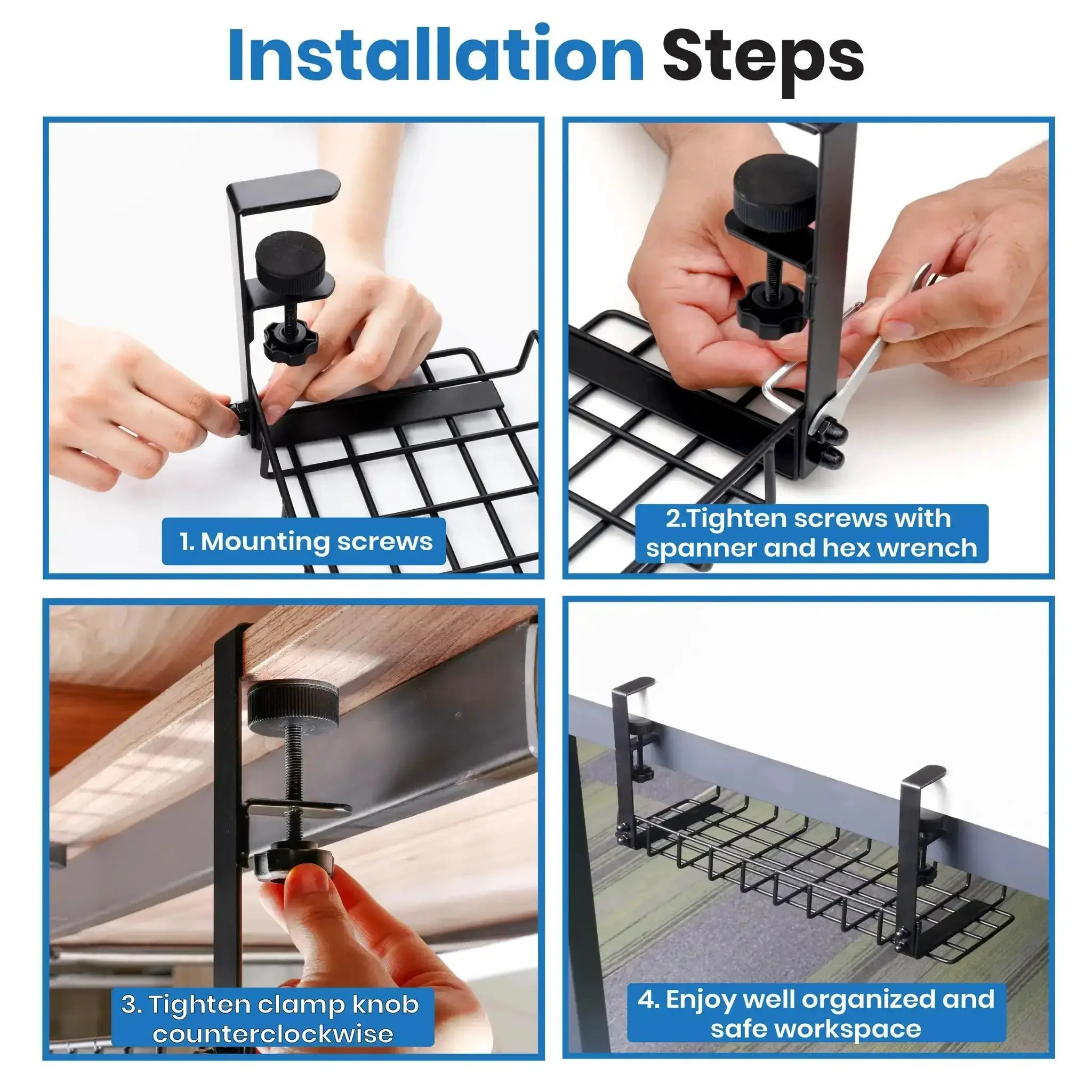 16 Inch Under Desk Cable Management Tray No Drill Cord Organizer With Secure Clamps For Wire Management In Office Or Home Sturdy 4mm Wire Desk Rack With Anti Scratch Pads Detachable And Removable For Easy Access - Image 2