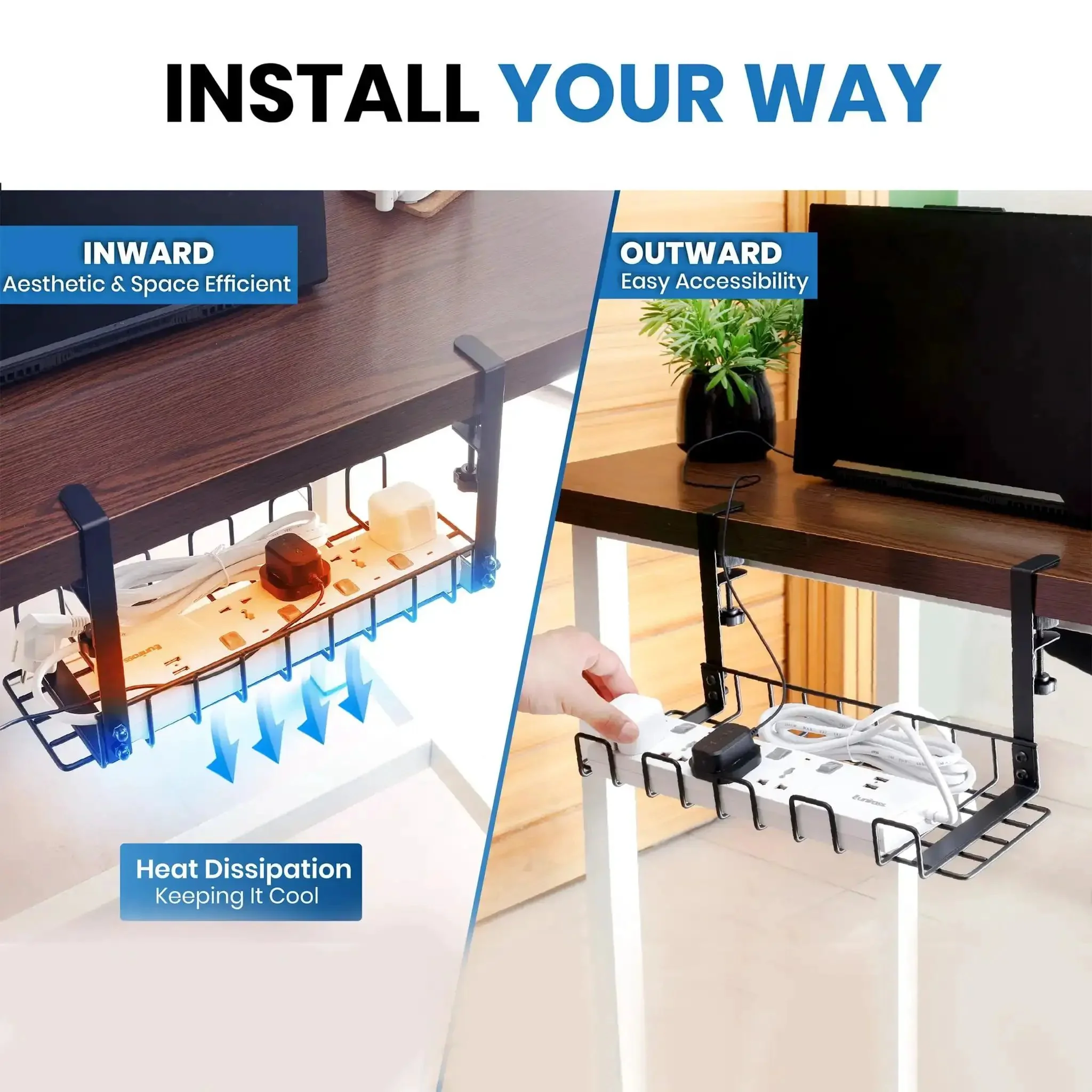 16 Inch Under Desk Cable Management Tray No Drill Cord Organizer With Secure Clamps For Wire Management In Office Or Home Sturdy 4mm Wire Desk Rack With Anti Scratch Pads Detachable And Removable For Easy Access - Image 5