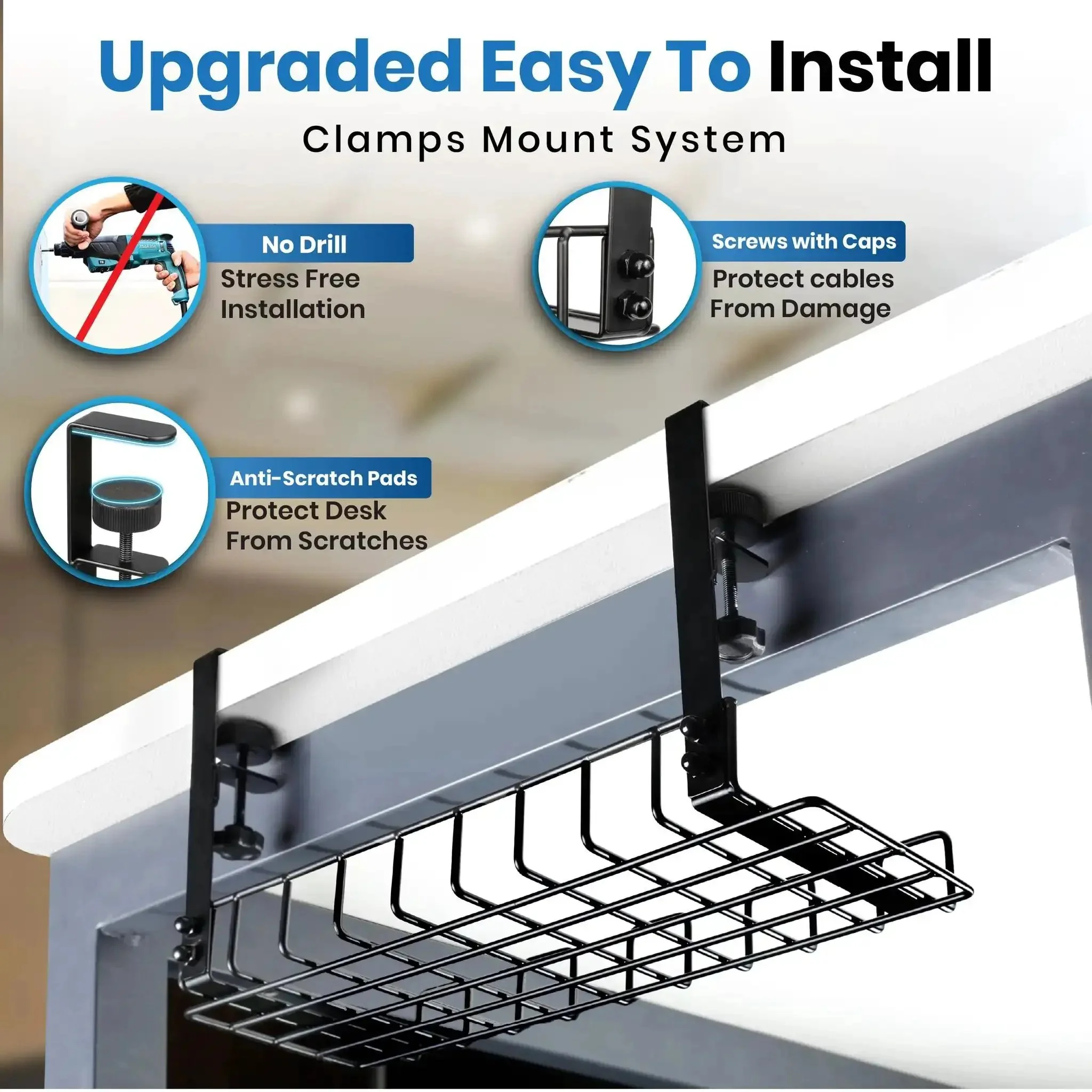 16 Inch Under Desk Cable Management Tray No Drill Cord Organizer With Secure Clamps For Wire Management In Office Or Home Sturdy 4mm Wire Desk Rack With Anti Scratch Pads Detachable And Removable For Easy Access - Image 7