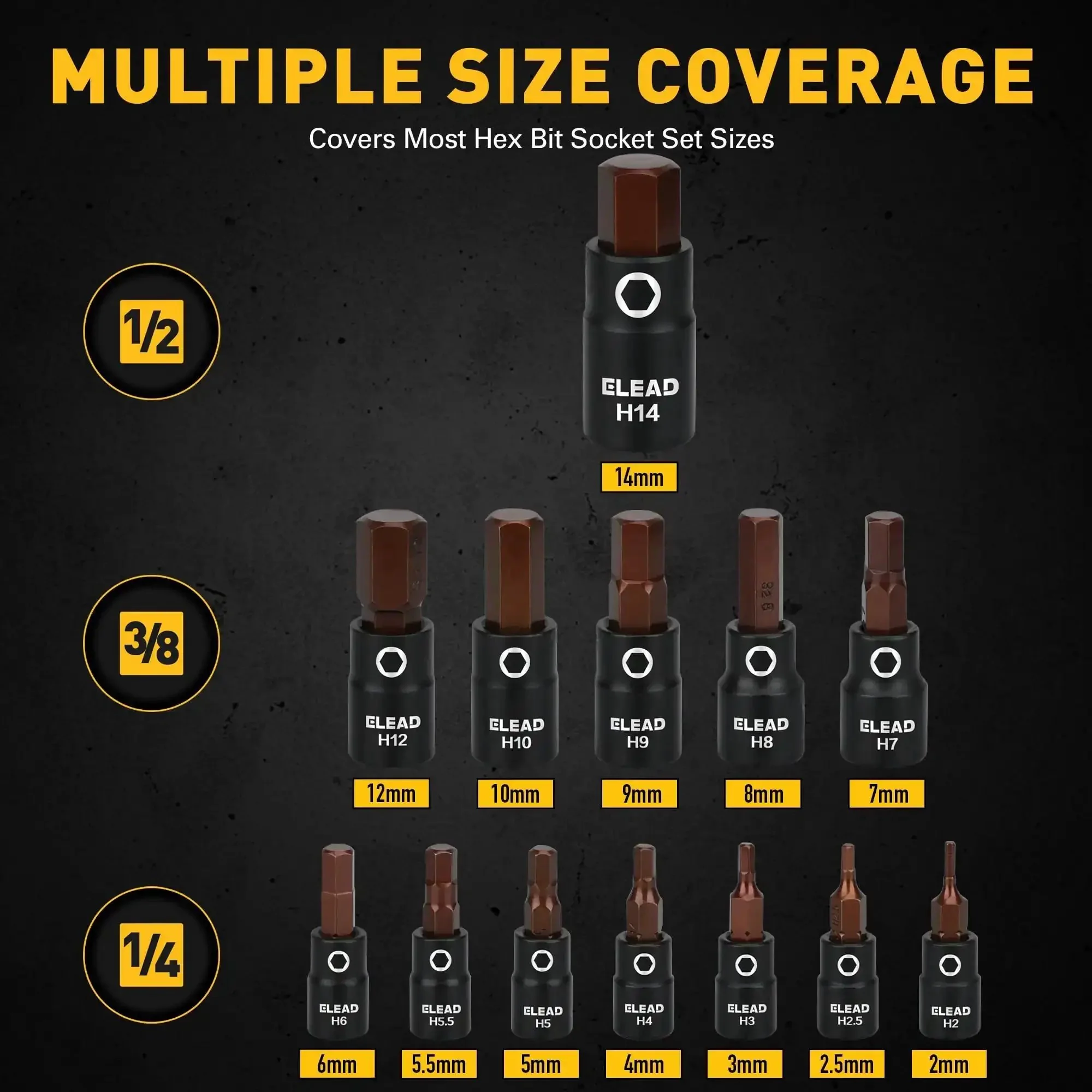 16 Piece Metric Hex Bit Socket Set In Durable S2 Steel With 1/4, 3/8 And 1/2 Inch Drives, Covers 2mm To 14mm With Adapters, Detent Pin Holes For Secure Fit, The Go-To Allen Socket Set For Home Garage And Pro Mechanics - Image 8