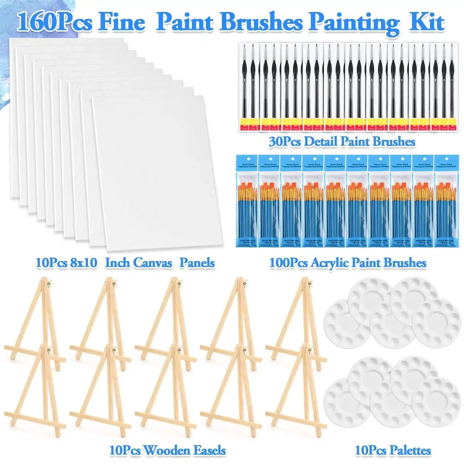 160 Piece Canvas With Easel Painting Kit Including Wooden Easel Blank Canvases 100 Brush Set And 30 Detail Liners For Kids Adults Couples Paint Party Supplies Date Night Sip - Image 5
