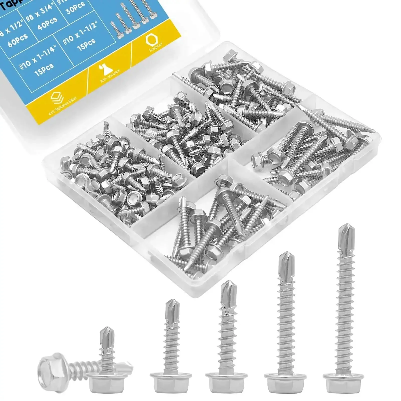 160 Piece Hex Washer Head Self Drilling Screws Set In 410 Stainless For Metal Wood And Plastic Self Tapping TEK Screws High Strength Stainless Steel Sizes Eight And Ten No Pilot Hole Needed Quick Drill Tap And Fasten