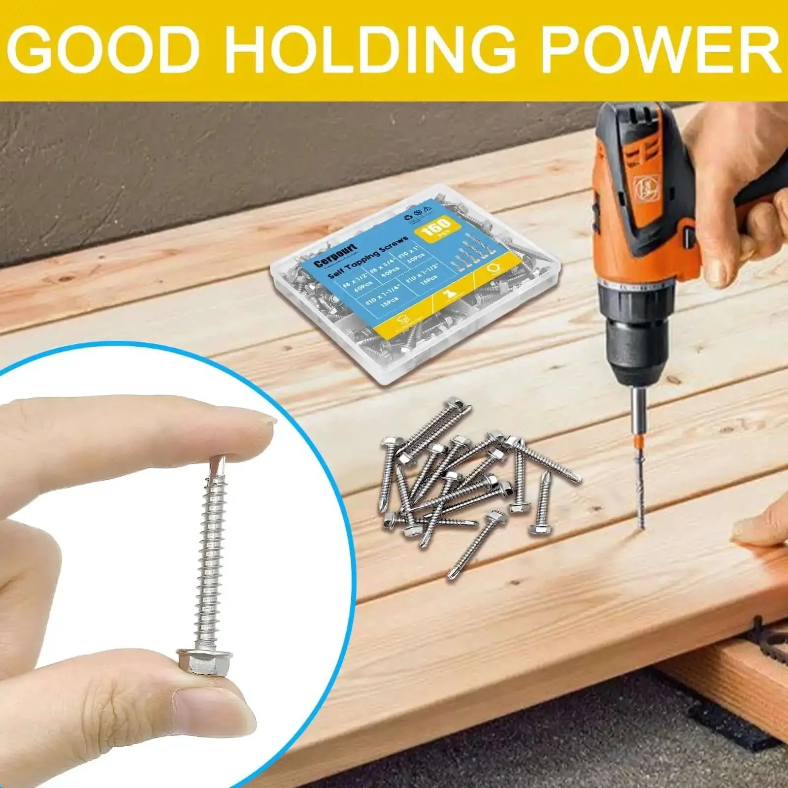 160 Piece Hex Washer Head Self Drilling Screws Set In 410 Stainless For Metal Wood And Plastic Self Tapping TEK Screws High Strength Stainless Steel Sizes Eight And Ten No Pilot Hole Needed Quick Drill Tap And Fasten - Image 4
