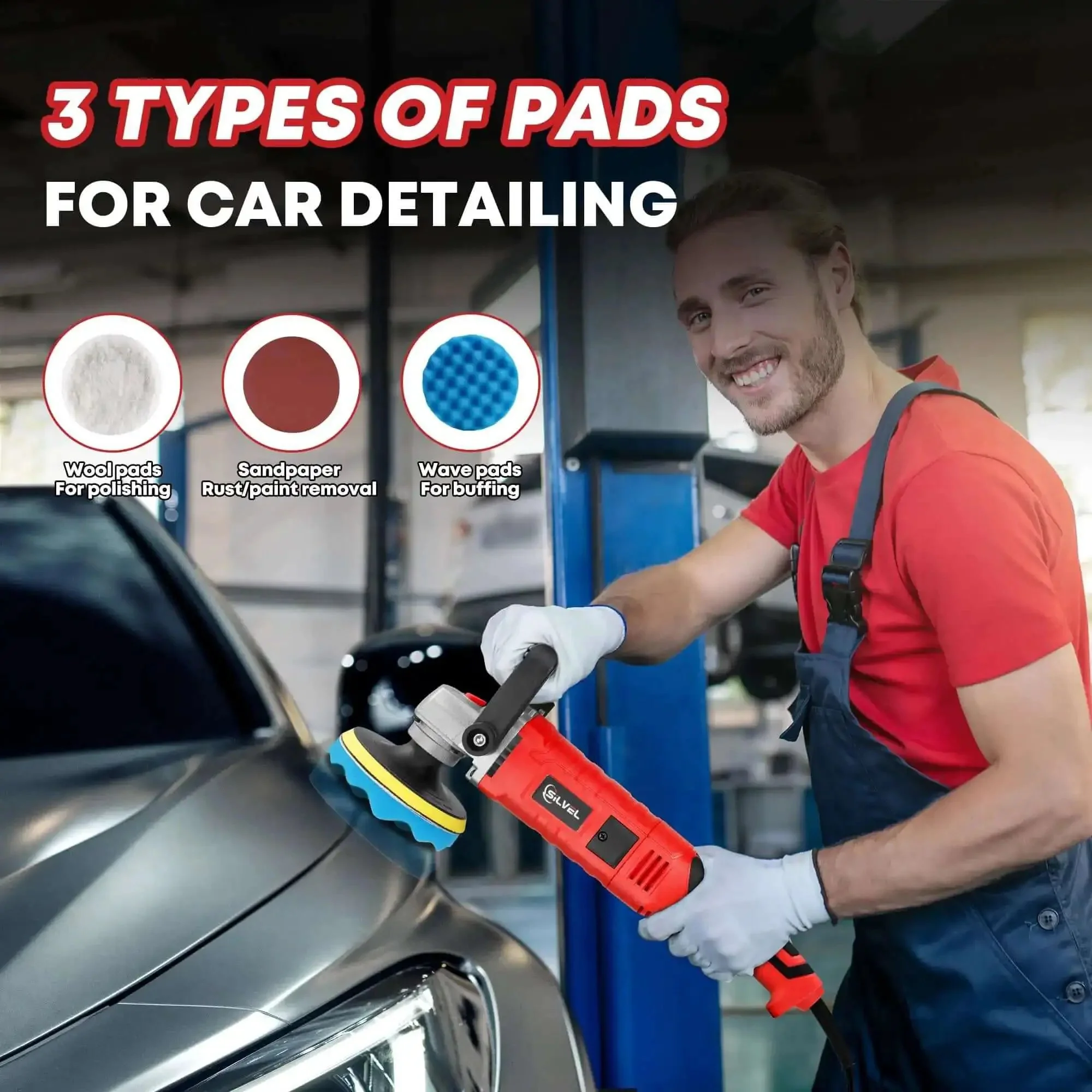 1600W Car Polisher With 7 Inch And 6 Inch Heads Variable Speed Polishing Machine For Detailing Includes 6 Foam Pads And 3 Wool Pads Waxing And Boat Polishing - Image 3